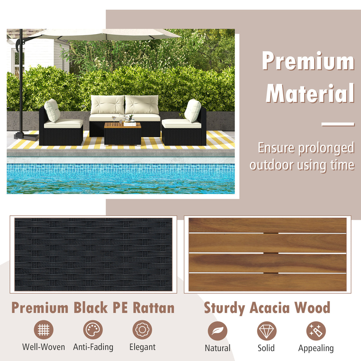 5 Piece Outdoor Furniture Set with Solid Tabletop and Soft Cushions-Off White-Outdoor Sectional Sofas-DECOROLALA