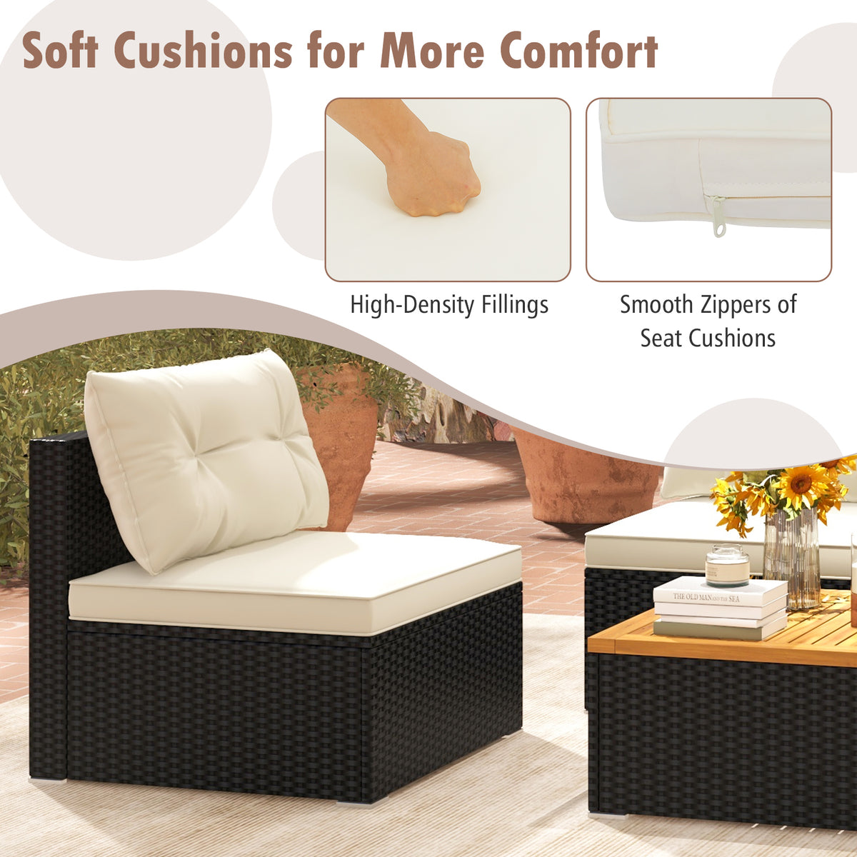 5 Piece Outdoor Furniture Set with Solid Tabletop and Soft Cushions-Off White-Outdoor Sectional Sofas-DECOROLALA