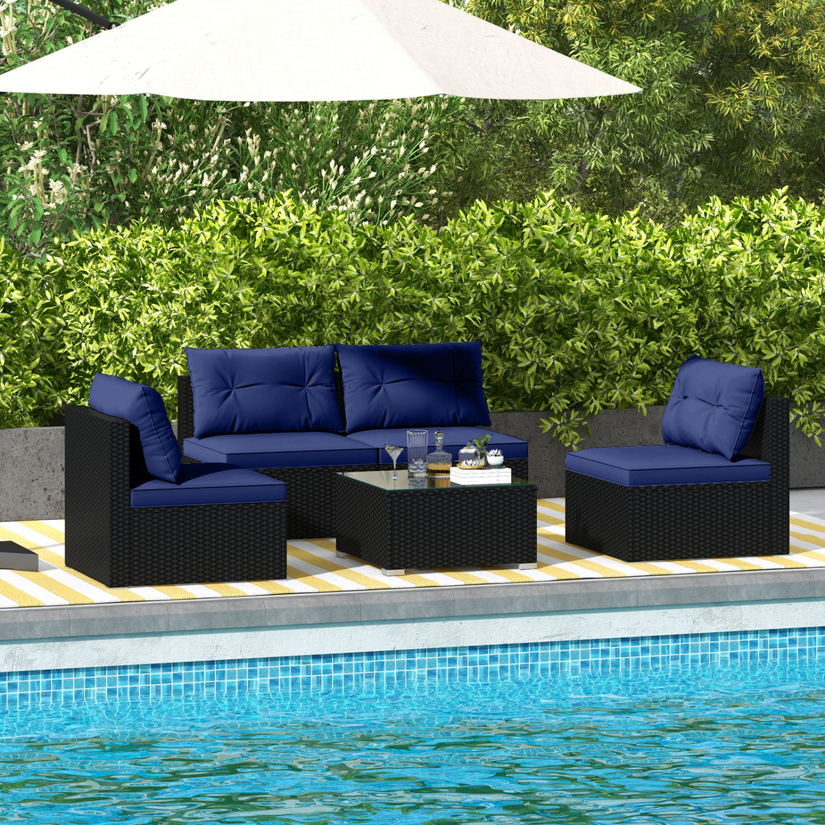 5-Piece Outdoor Patio Furniture Set with Cushions and Coffee Table-Navy-Outdoor Sectional Sofas-DECOROLALA