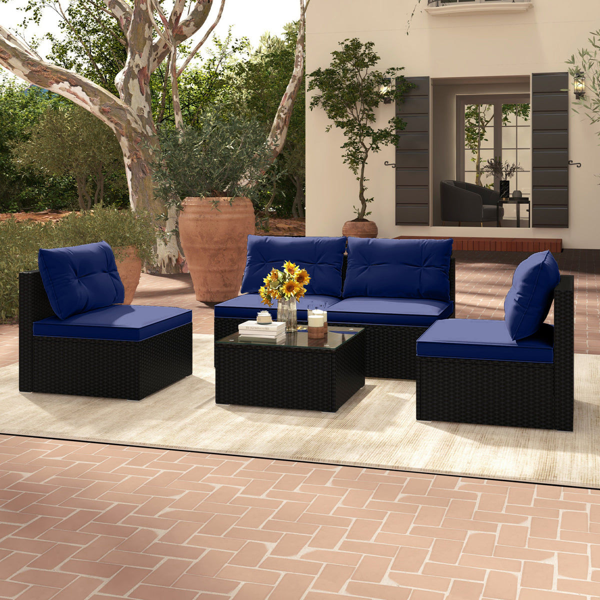 5-Piece Outdoor Patio Furniture Set with Cushions and Coffee Table-Navy-Outdoor Sectional Sofas-DECOROLALA