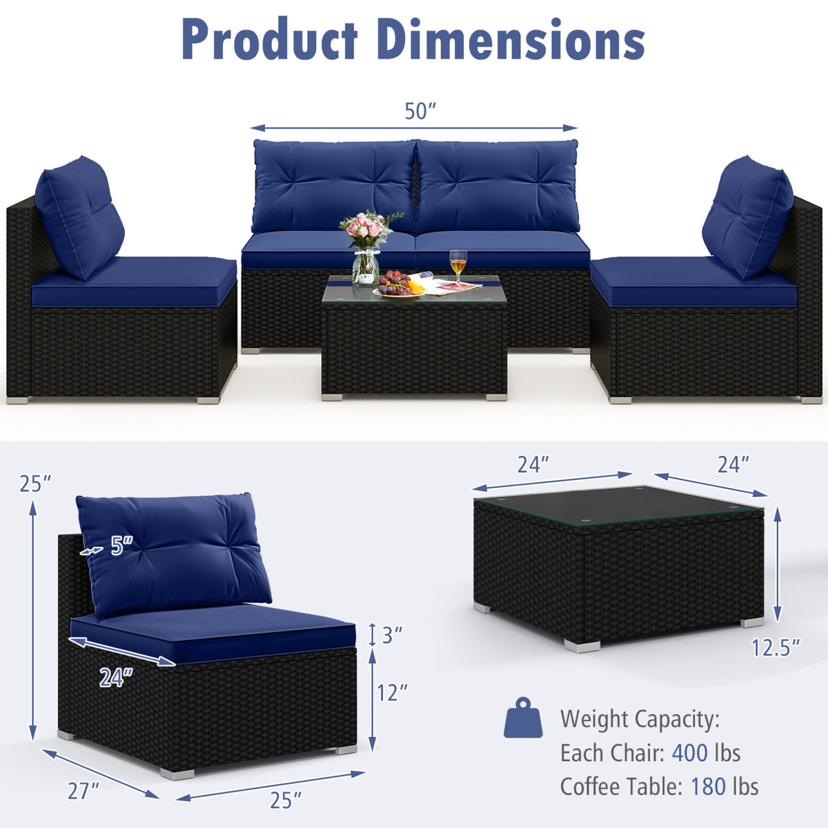 5-Piece Outdoor Patio Furniture Set with Cushions and Coffee Table-Navy-Outdoor Sectional Sofas-DECOROLALA