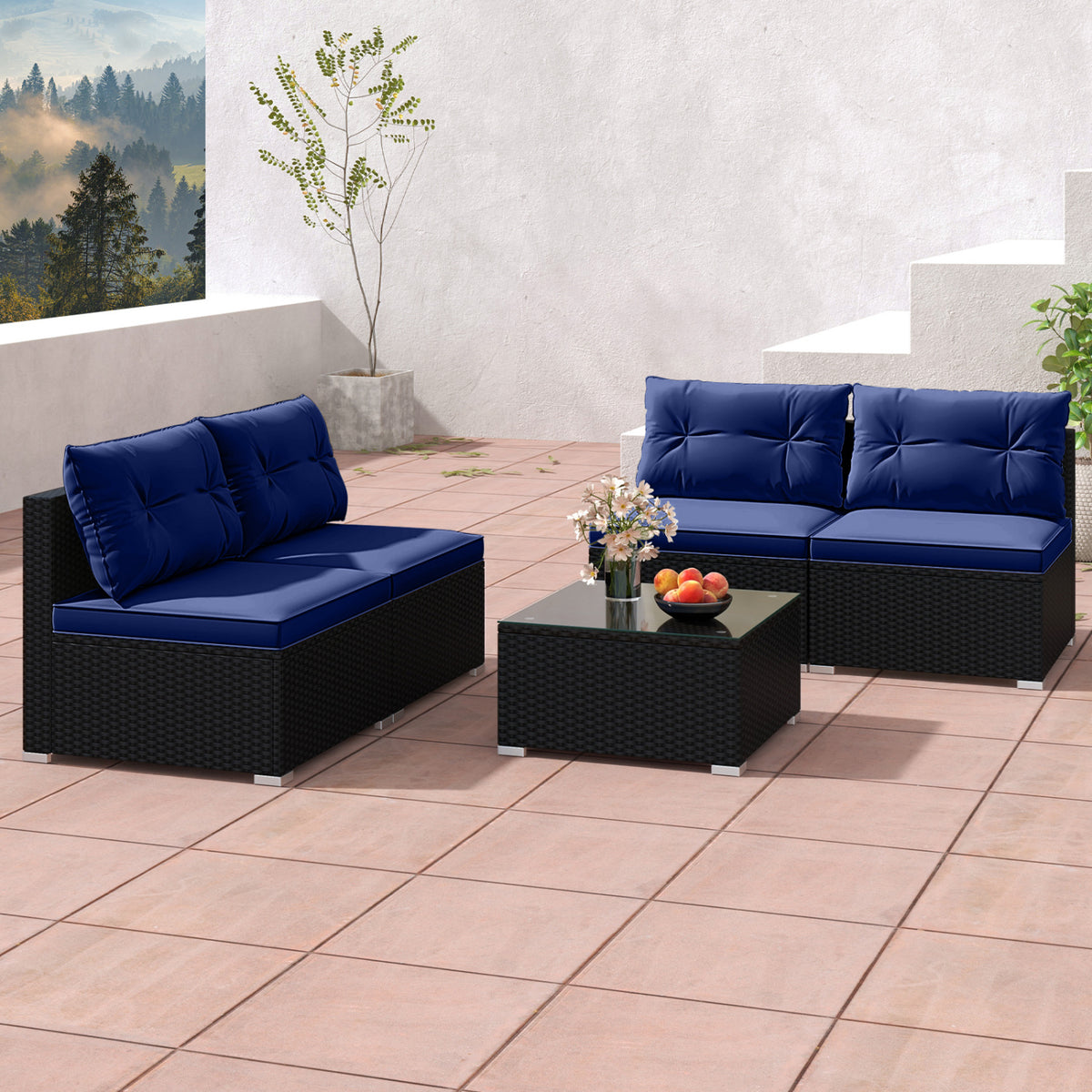 5-Piece Outdoor Patio Furniture Set with Cushions and Coffee Table-Navy-Outdoor Sectional Sofas-DECOROLALA