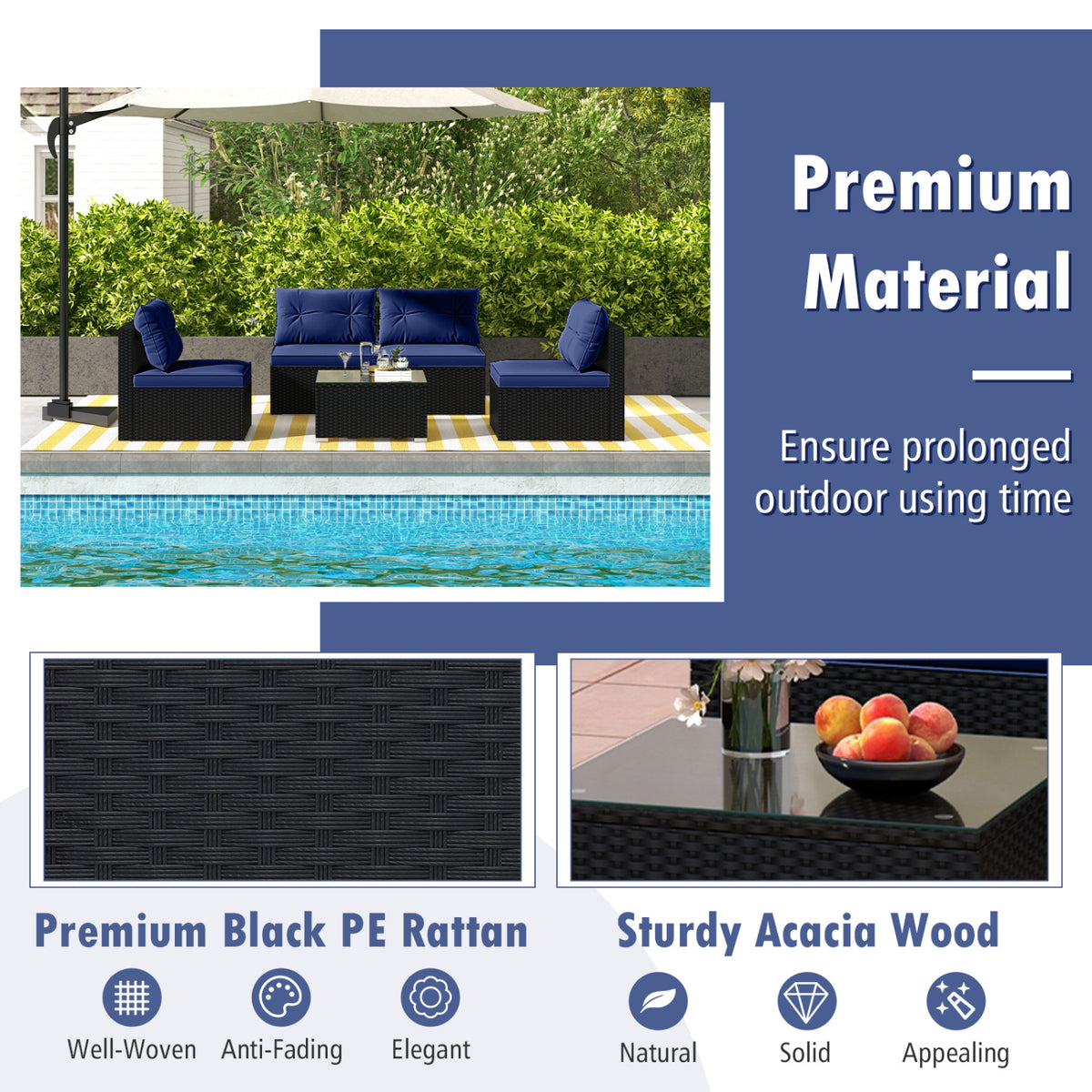 5-Piece Outdoor Patio Furniture Set with Cushions and Coffee Table-Navy-Outdoor Sectional Sofas-DECOROLALA