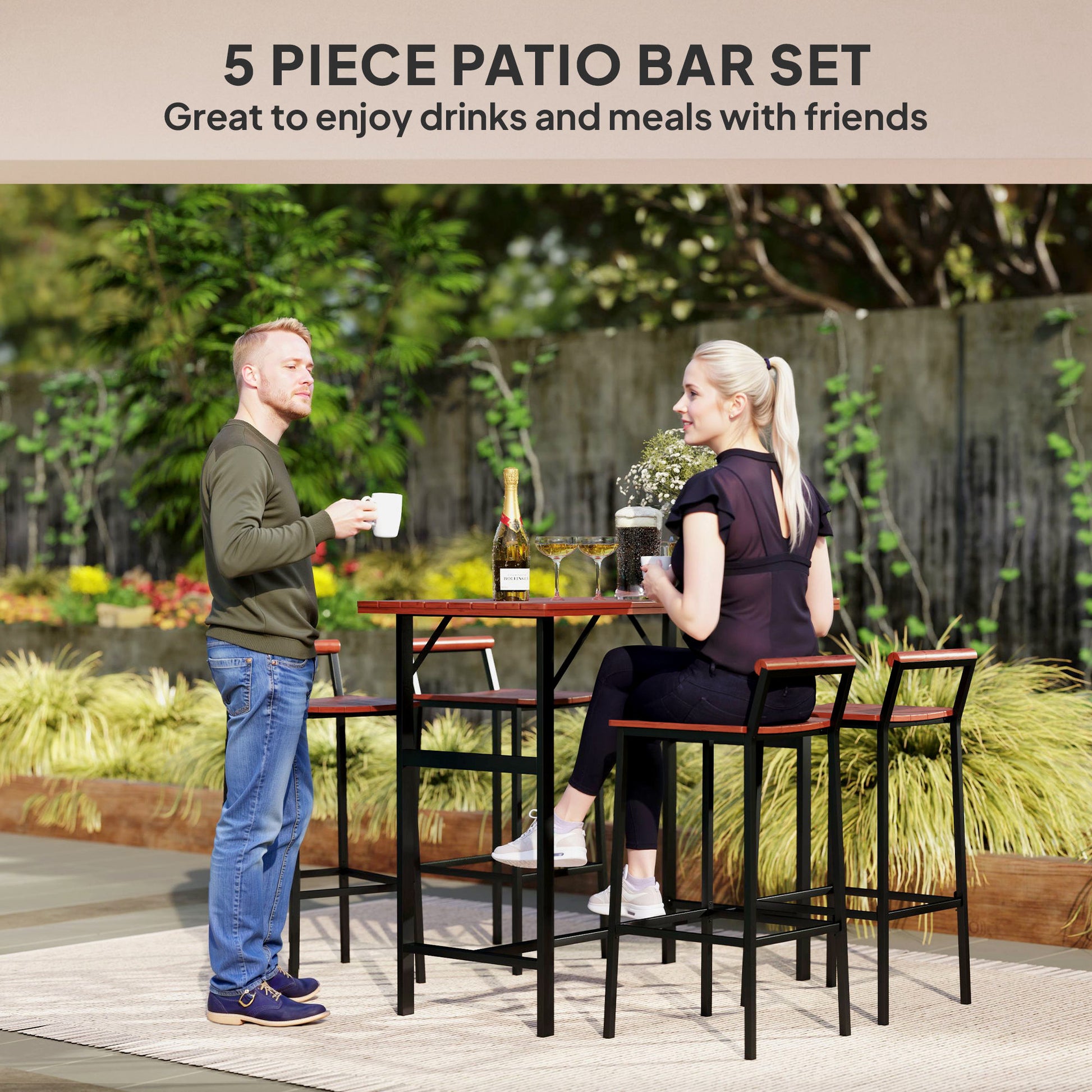 5 Piece Patio Bar Set, 47" Table, 4 Bar Stools, Brown, Outdoor Patio-DECOROLALA