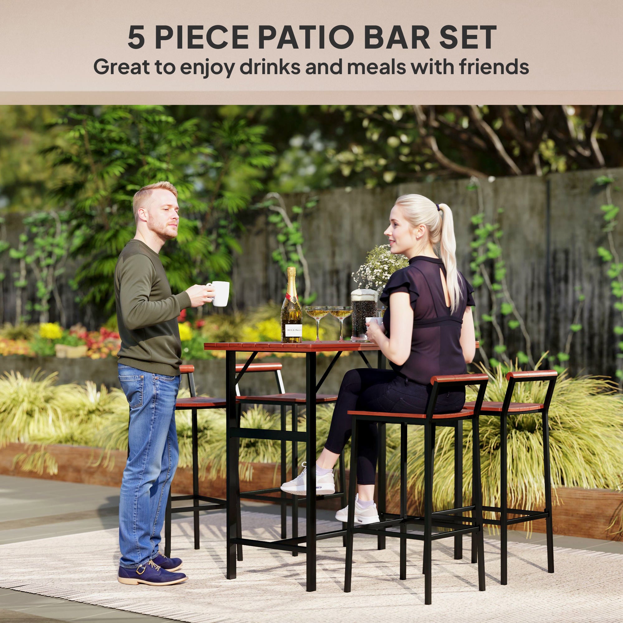 5 Piece Patio Bar Set, 47" Table, 4 Bar Stools, Brown, Outdoor Patio-DECOROLALA