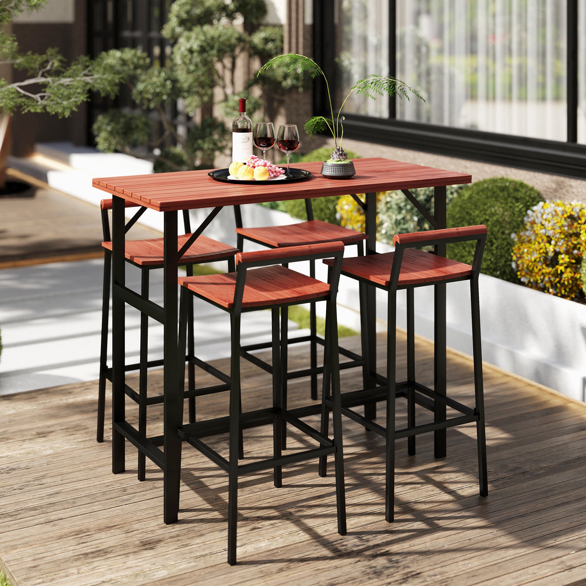 5 Piece Patio Bar Set, 47" Table, 4 Bar Stools, Brown, Outdoor Patio-DECOROLALA