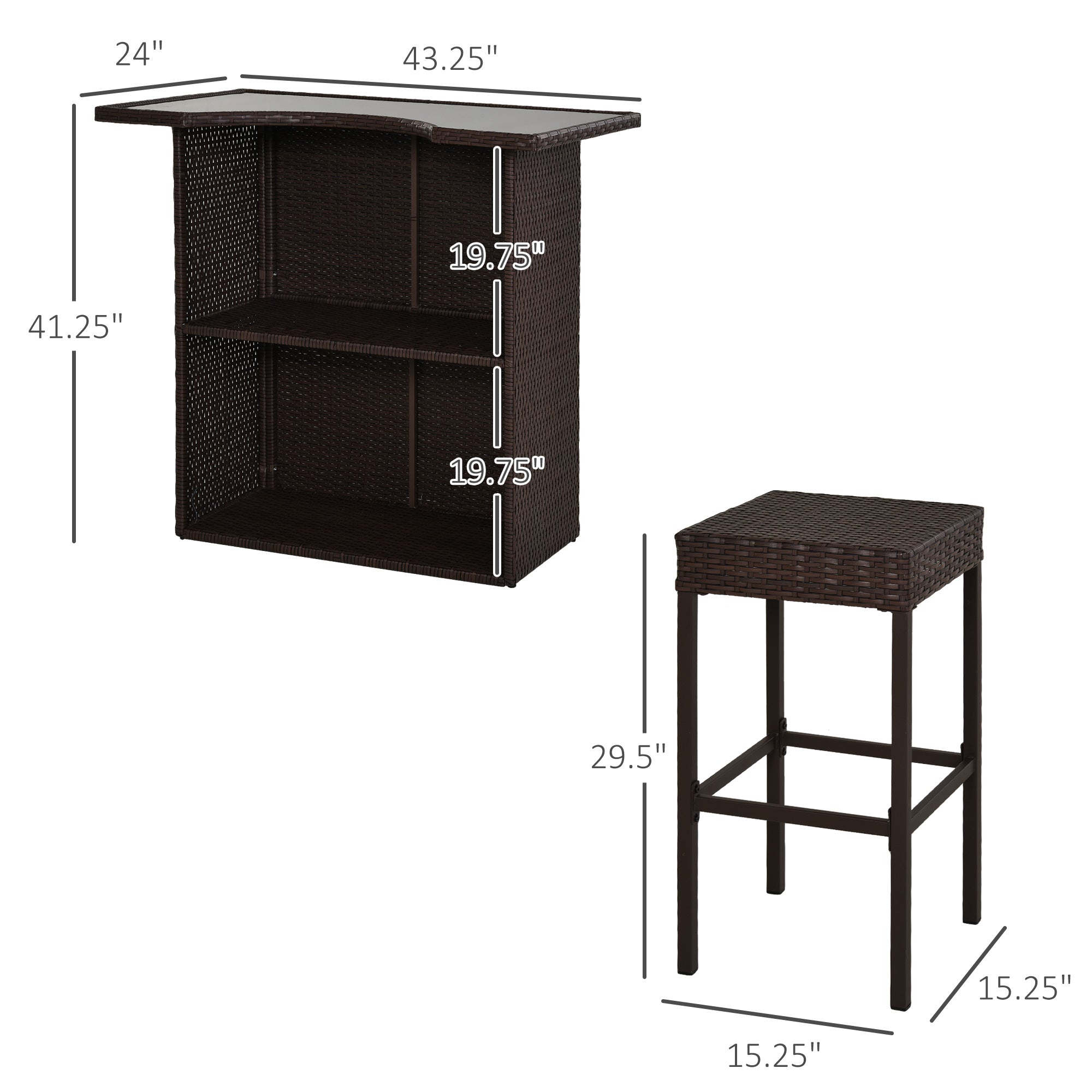 5-Piece Patio Bar Set - Dark Brown Wicker Table & Chairs with Tempered Glass Top-DECOROLALA