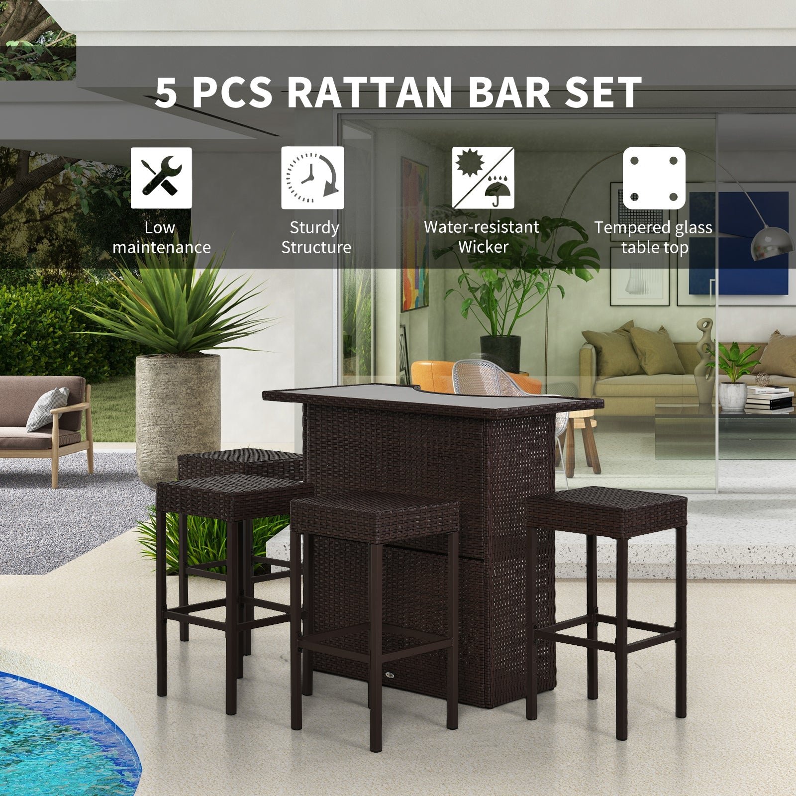 5-Piece Patio Bar Set - Dark Brown Wicker Table & Chairs with Tempered Glass Top-DECOROLALA