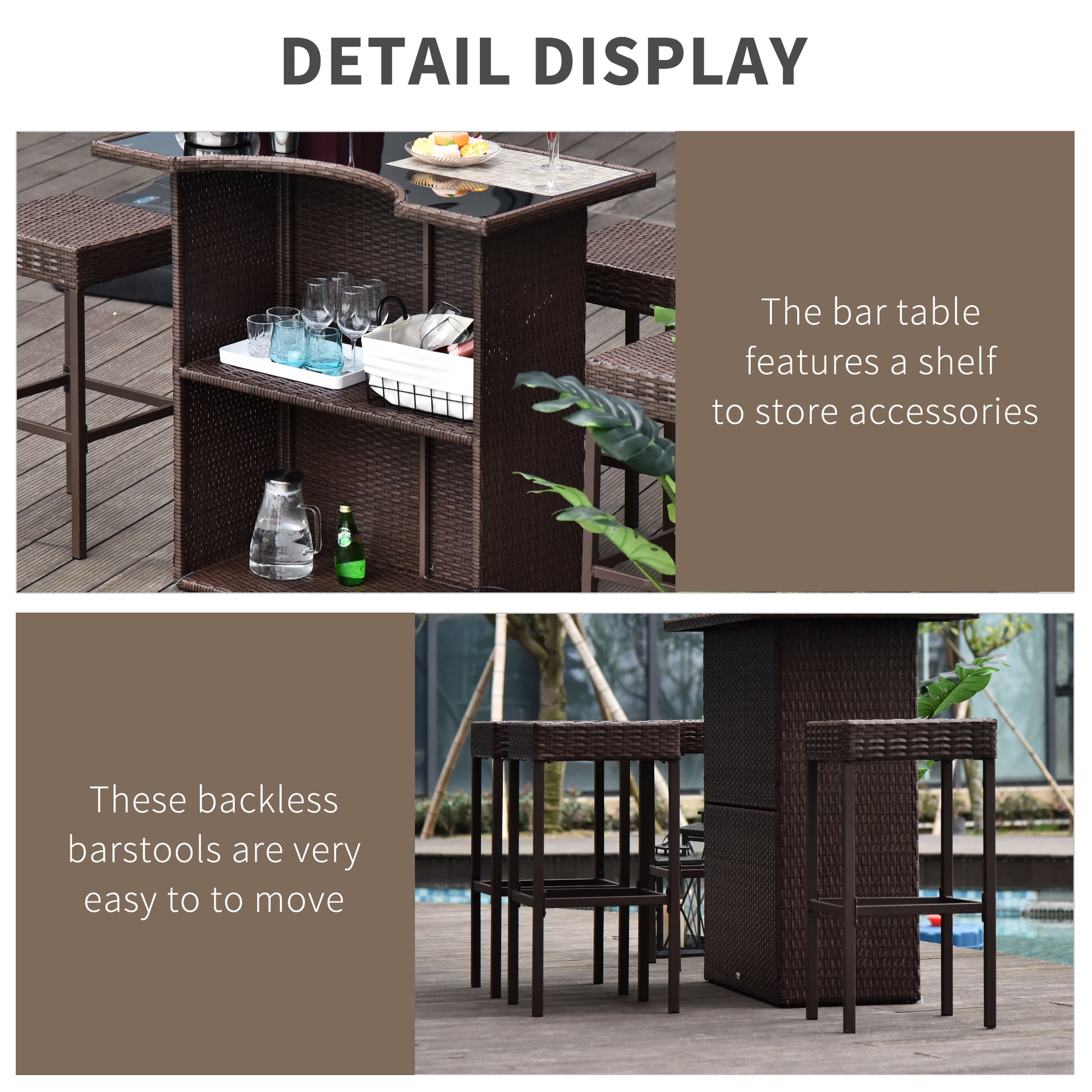 5-Piece Patio Bar Set - Dark Brown Wicker Table & Chairs with Tempered Glass Top-DECOROLALA
