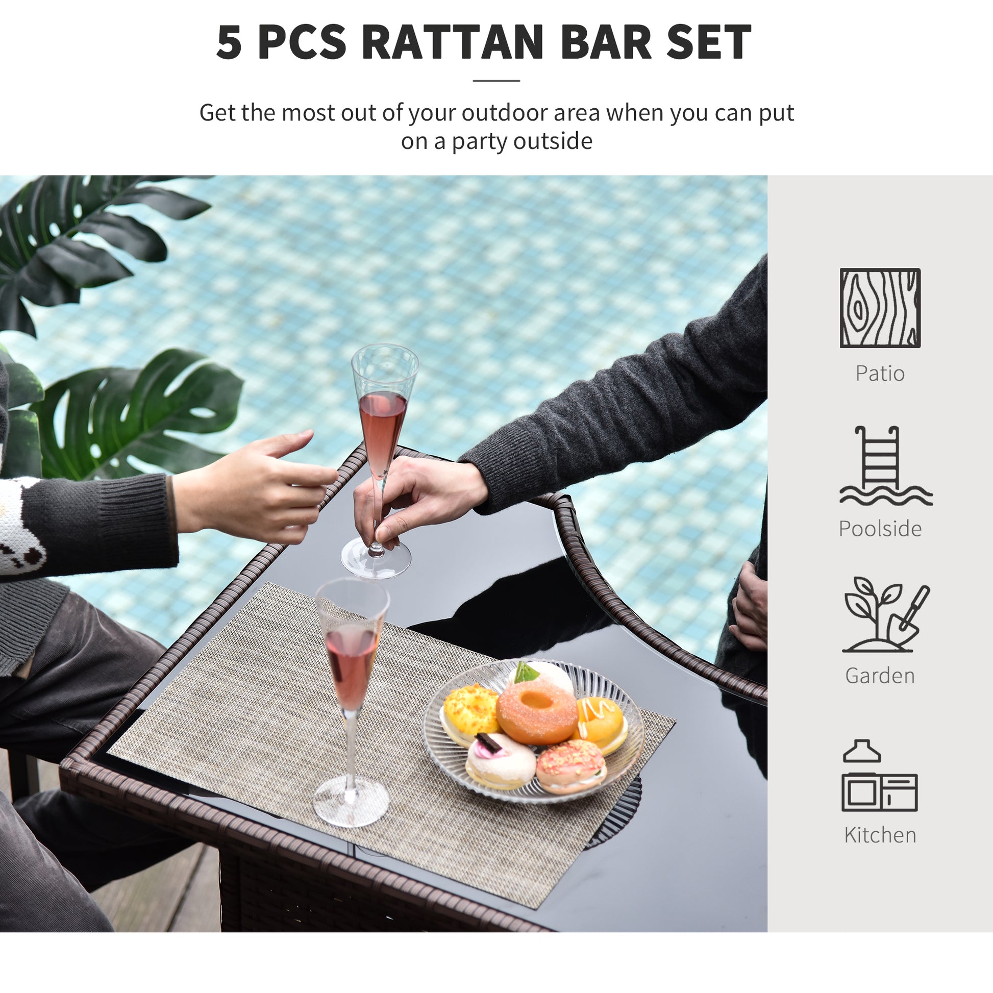 5-Piece Patio Bar Set - Dark Brown Wicker Table & Chairs with Tempered Glass Top-DECOROLALA