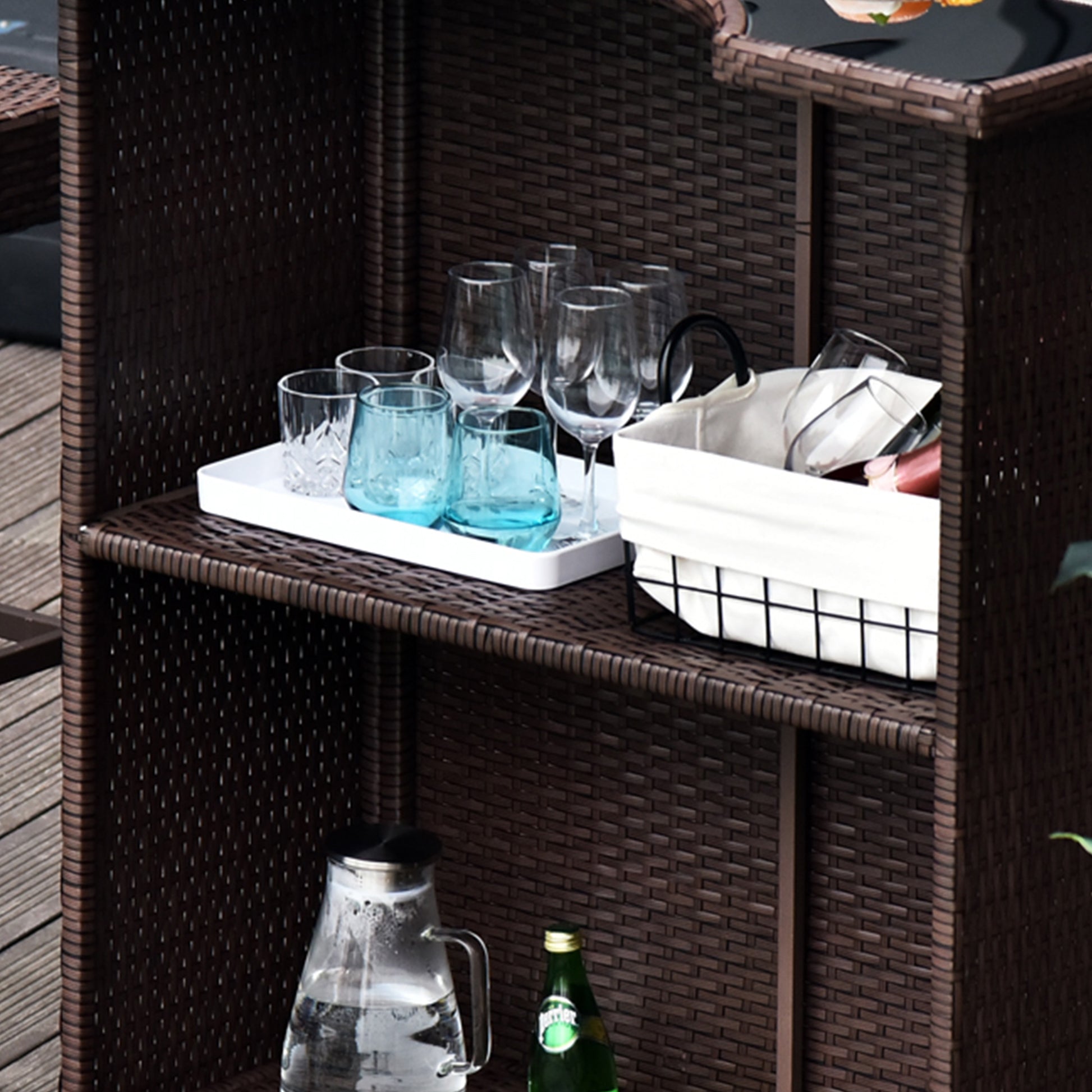 5-Piece Patio Bar Set - Dark Brown Wicker Table & Chairs with Tempered Glass Top-DECOROLALA