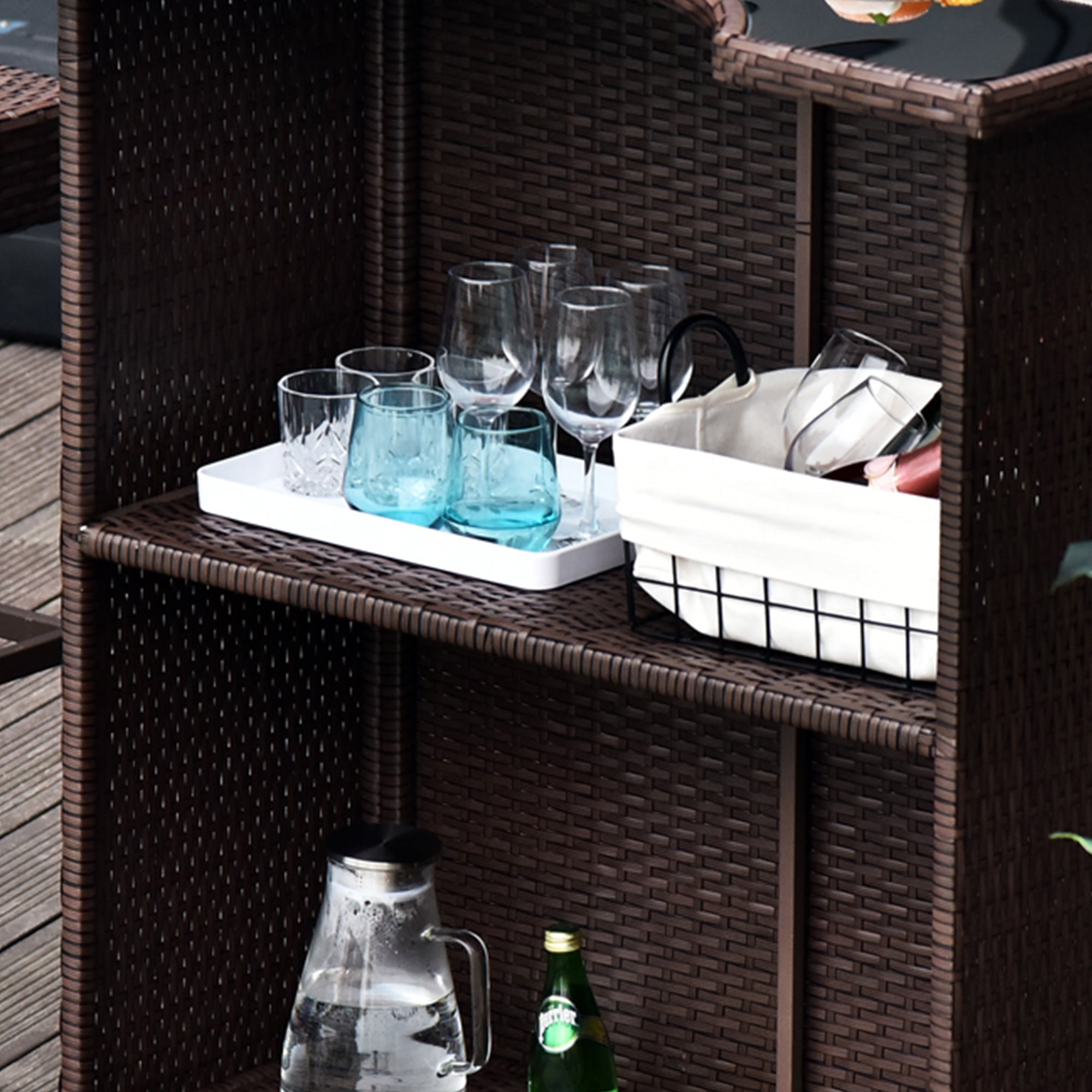 5-Piece Patio Bar Set - Dark Brown Wicker Table & Chairs with Tempered Glass Top-DECOROLALA