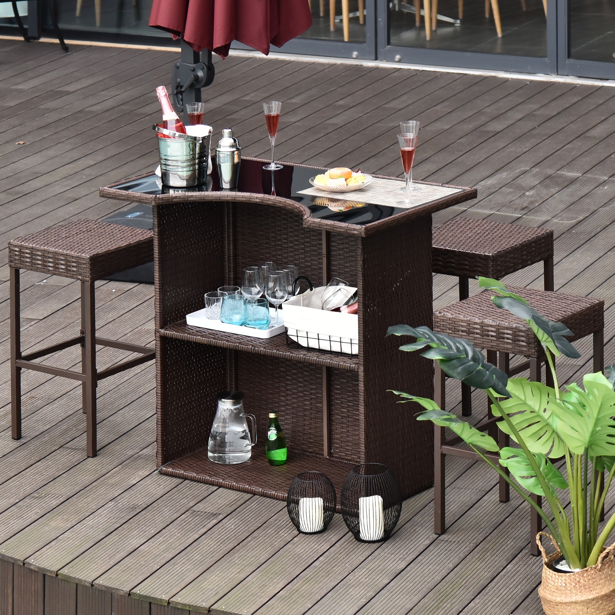 5-Piece Patio Bar Set - Dark Brown Wicker Table & Chairs with Tempered Glass Top-DECOROLALA