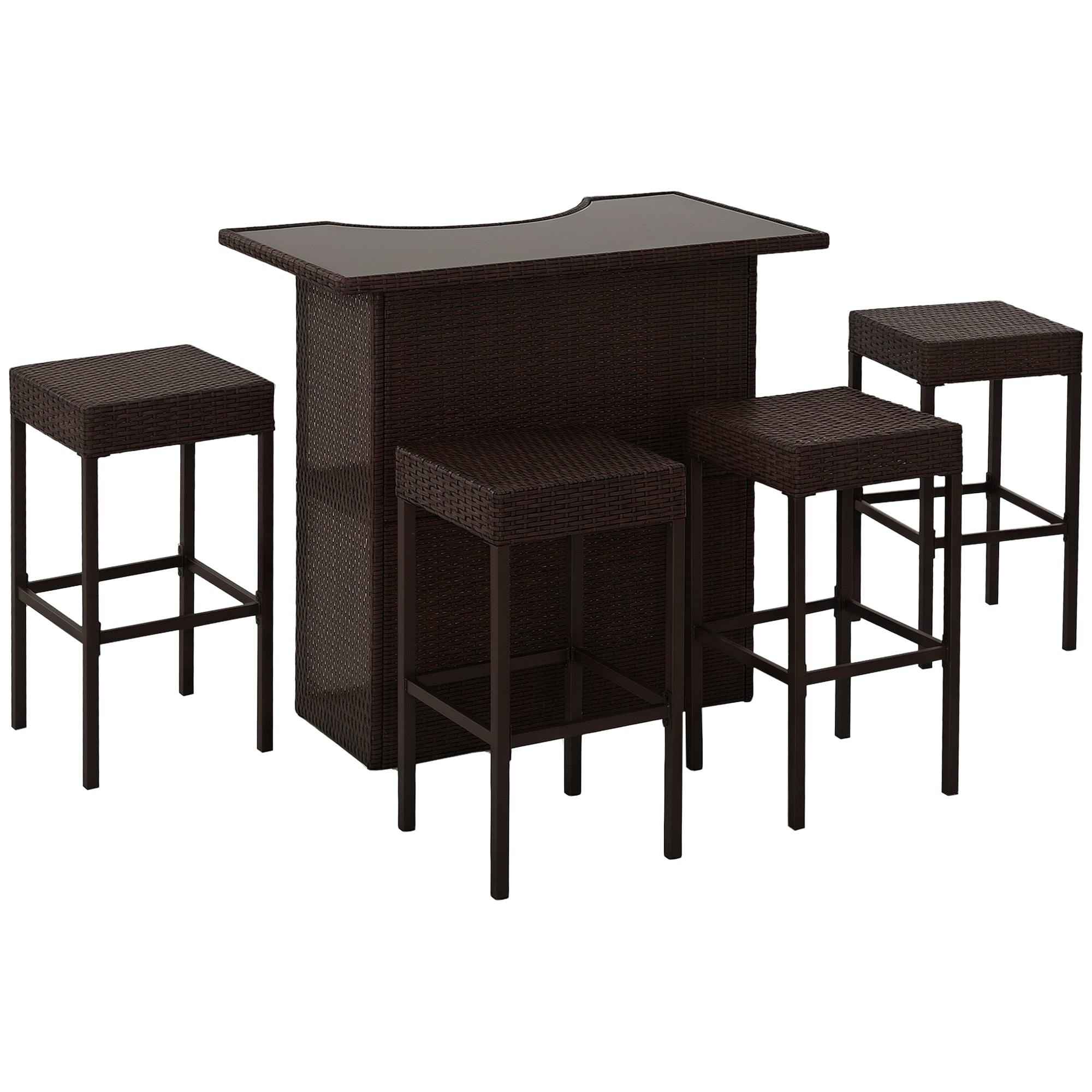 5-Piece Patio Bar Set - Dark Brown Wicker Table & Chairs with Tempered Glass Top-DECOROLALA