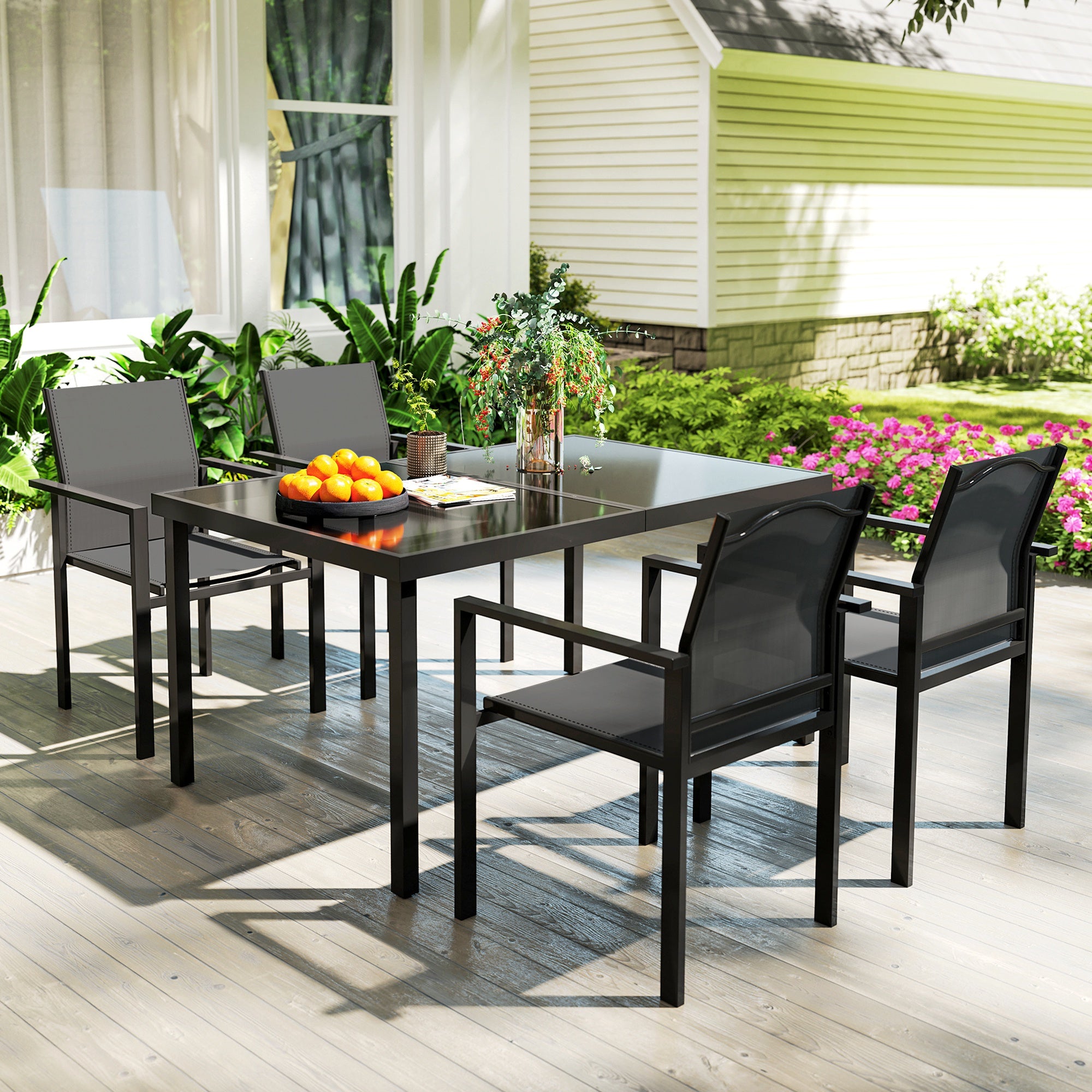 5-Piece Patio Dining Set - Black Stackable-DECOROLALA