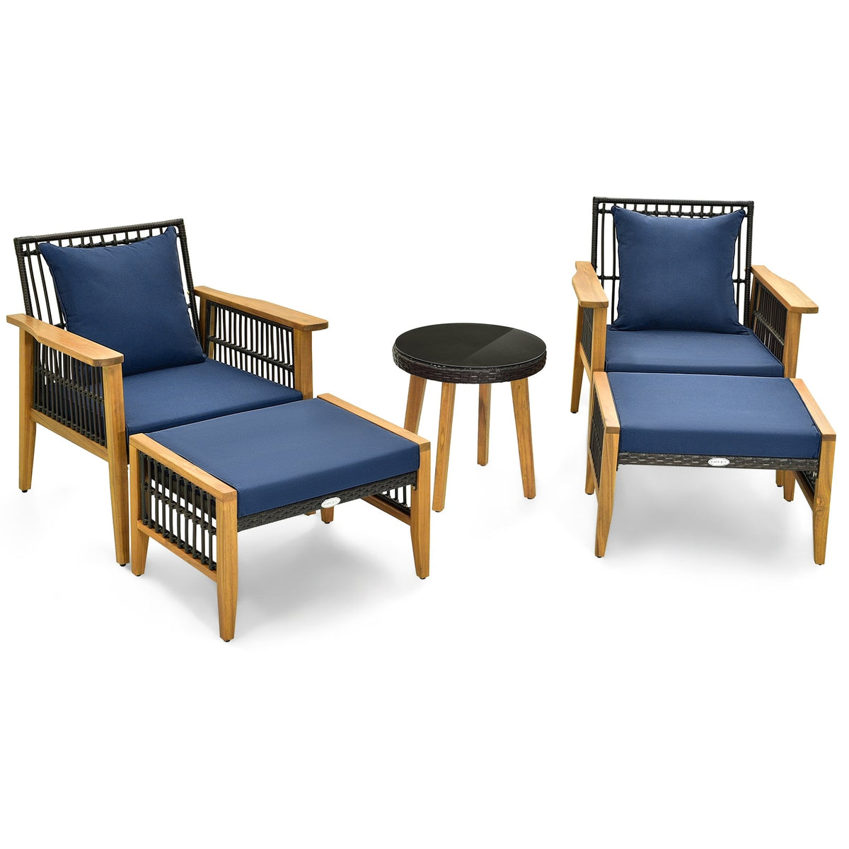 5 Piece Patio Furniture Set with Coffee Table and 2 Ottomans-Navy-Patio Conversation Sets-DECOROLALA