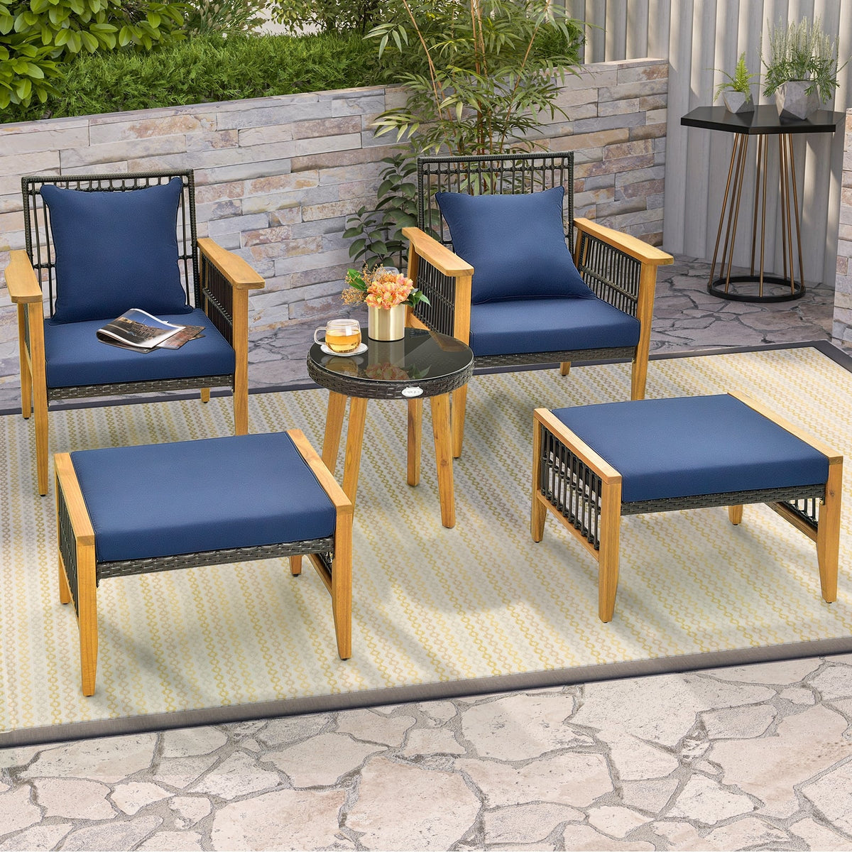 5 Piece Patio Furniture Set with Coffee Table and 2 Ottomans-Navy-Patio Conversation Sets-DECOROLALA