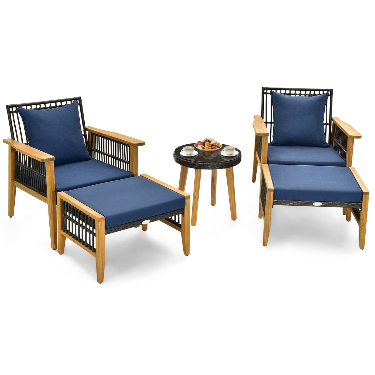 5 Piece Patio Furniture Set with Coffee Table and 2 Ottomans-Navy-Patio Conversation Sets-DECOROLALA