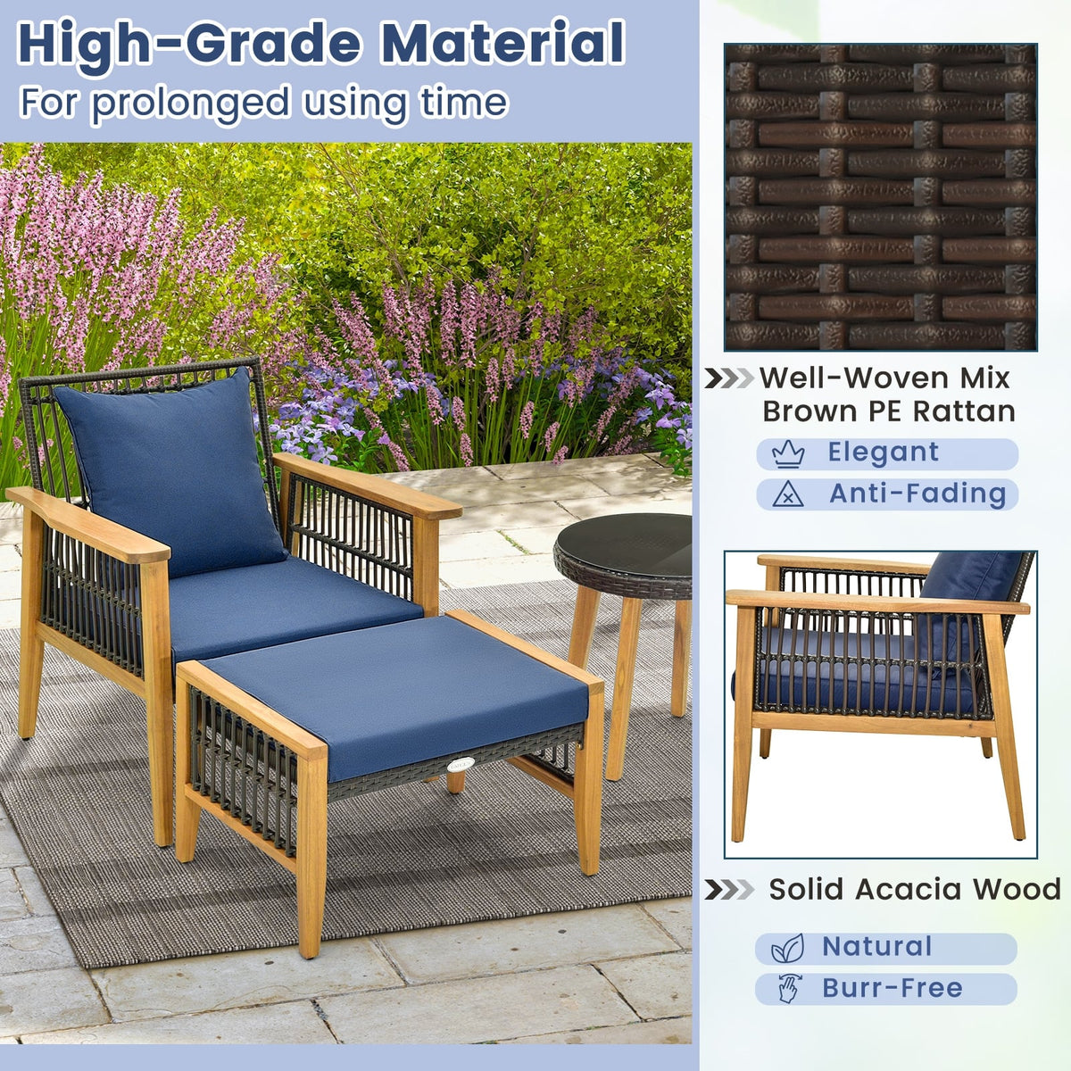 5 Piece Patio Furniture Set with Coffee Table and 2 Ottomans-Navy-Patio Conversation Sets-DECOROLALA