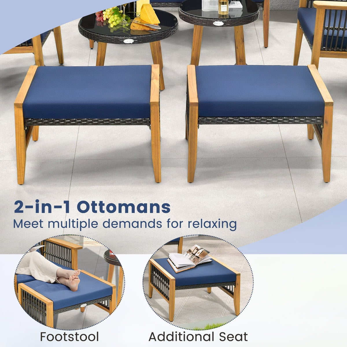 5 Piece Patio Furniture Set with Coffee Table and 2 Ottomans-Navy-Patio Conversation Sets-DECOROLALA