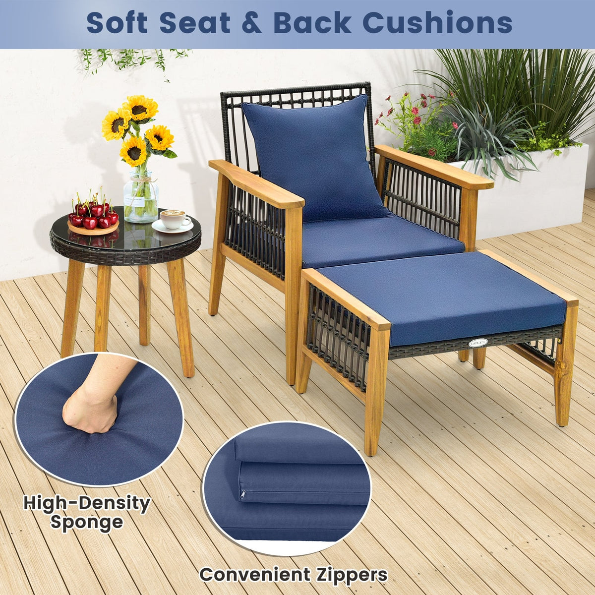 5 Piece Patio Furniture Set with Coffee Table and 2 Ottomans-Navy-Patio Conversation Sets-DECOROLALA