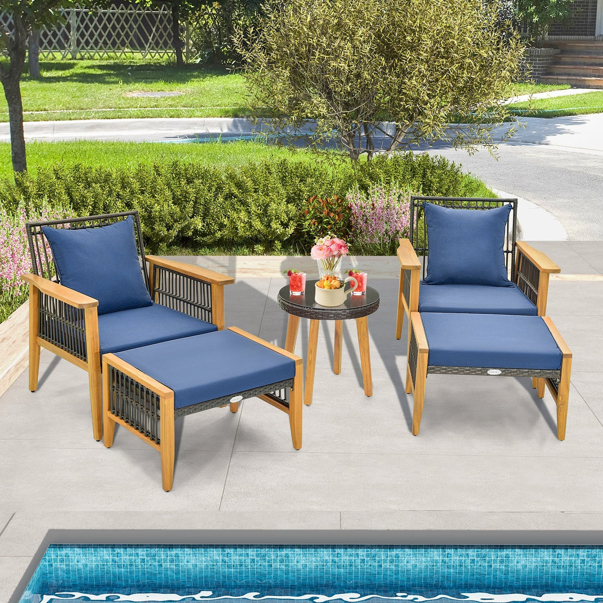 5 Piece Patio Furniture Set with Coffee Table and 2 Ottomans-Navy-Patio Conversation Sets-DECOROLALA