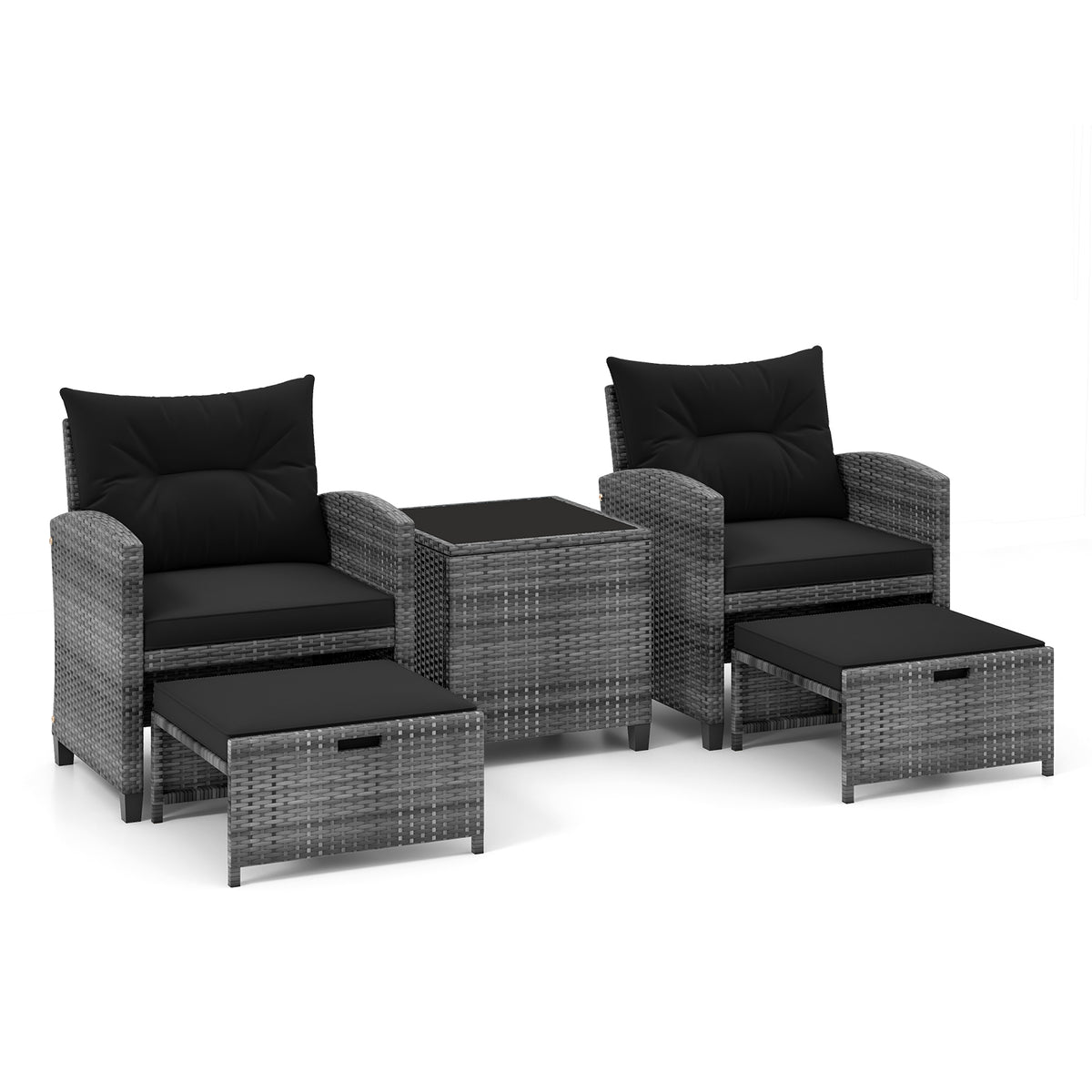 5 Piece Patio Rattan Furniture with 2 Ottomans and Tempered Glass Coffee Table-Black-Patio Conversation Sets-DECOROLALA