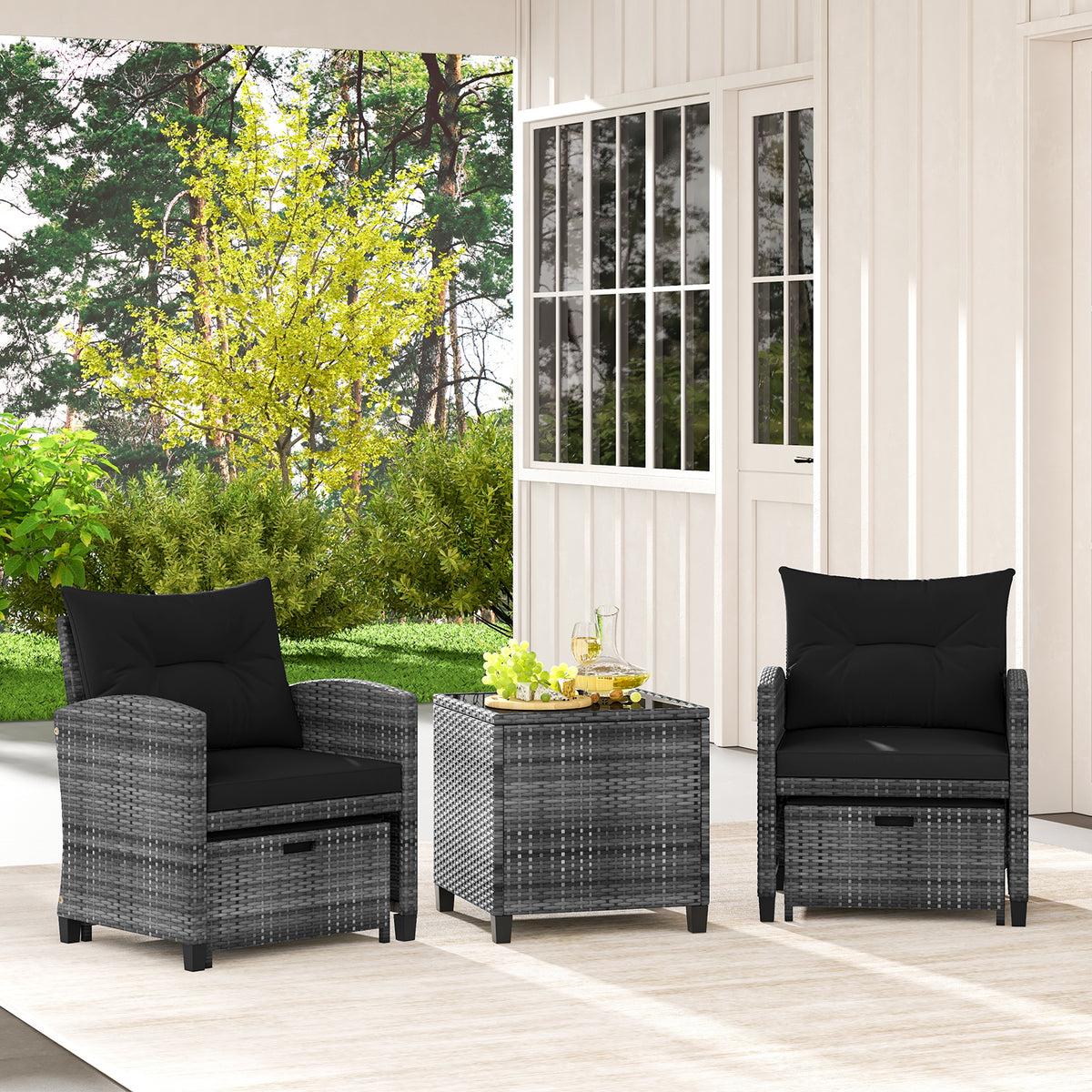 5 Piece Patio Rattan Furniture with 2 Ottomans and Tempered Glass Coffee Table-Black-Patio Conversation Sets-DECOROLALA