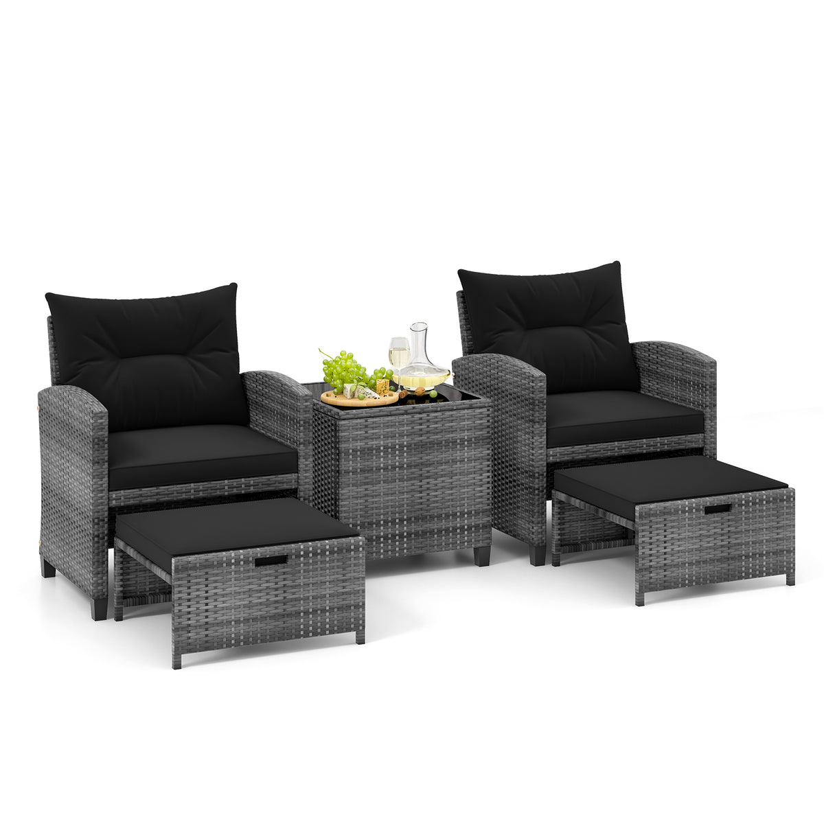 5 Piece Patio Rattan Furniture with 2 Ottomans and Tempered Glass Coffee Table-Black-Patio Conversation Sets-DECOROLALA