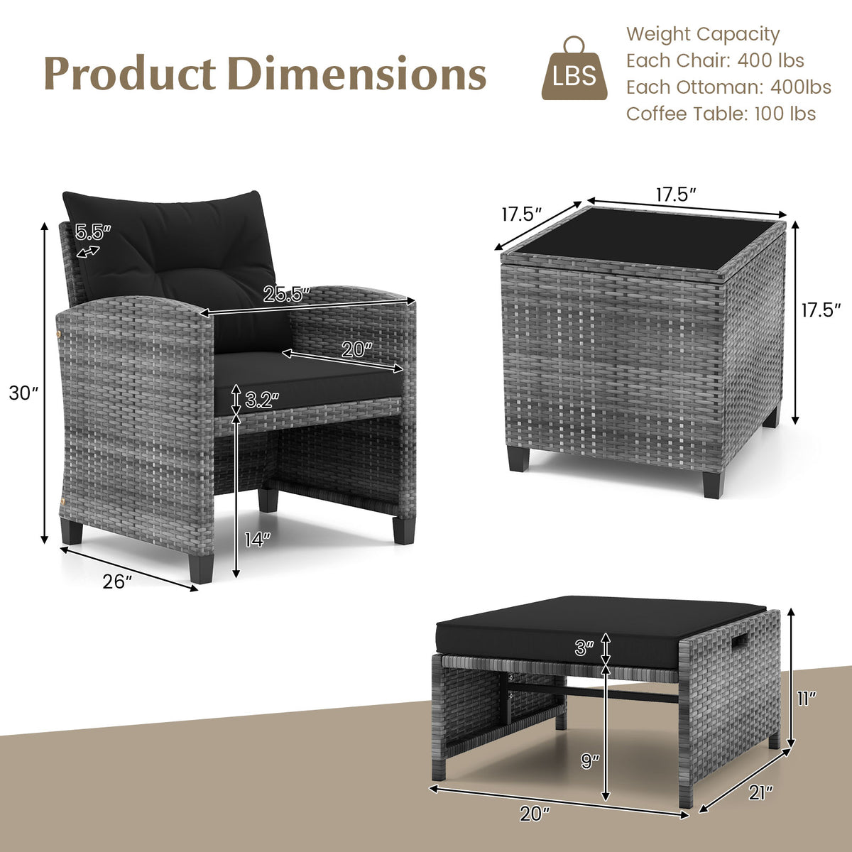5 Piece Patio Rattan Furniture with 2 Ottomans and Tempered Glass Coffee Table-Black-Patio Conversation Sets-DECOROLALA