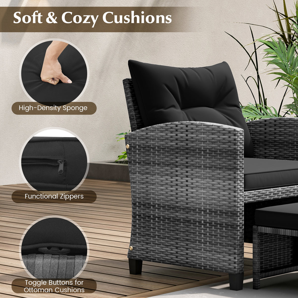 5 Piece Patio Rattan Furniture with 2 Ottomans and Tempered Glass Coffee Table-Black-Patio Conversation Sets-DECOROLALA