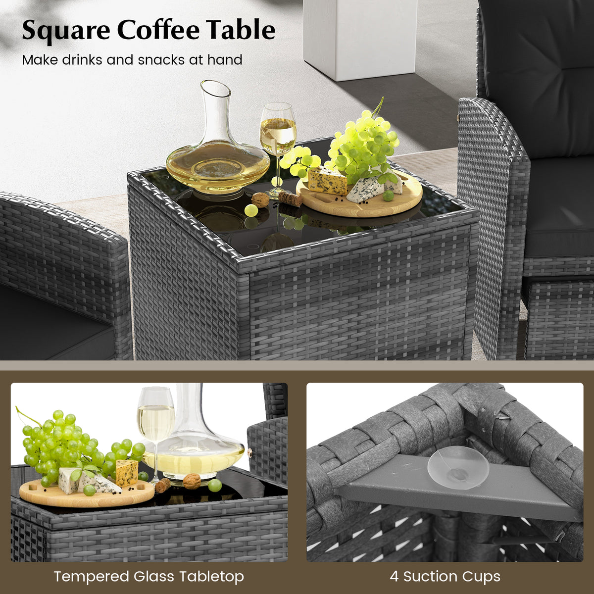 5 Piece Patio Rattan Furniture with 2 Ottomans and Tempered Glass Coffee Table-Black-Patio Conversation Sets-DECOROLALA