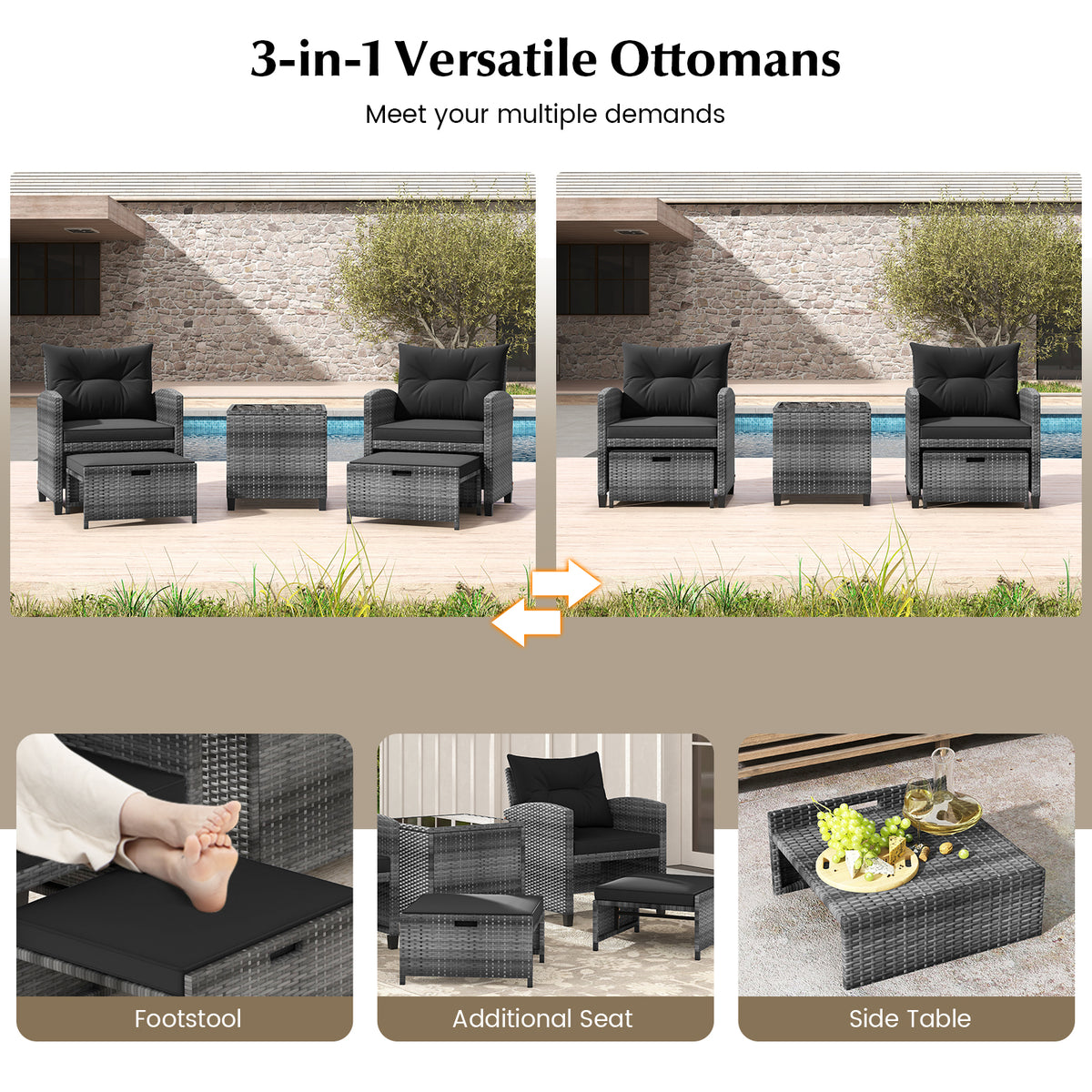 5 Piece Patio Rattan Furniture with 2 Ottomans and Tempered Glass Coffee Table-Black-Patio Conversation Sets-DECOROLALA