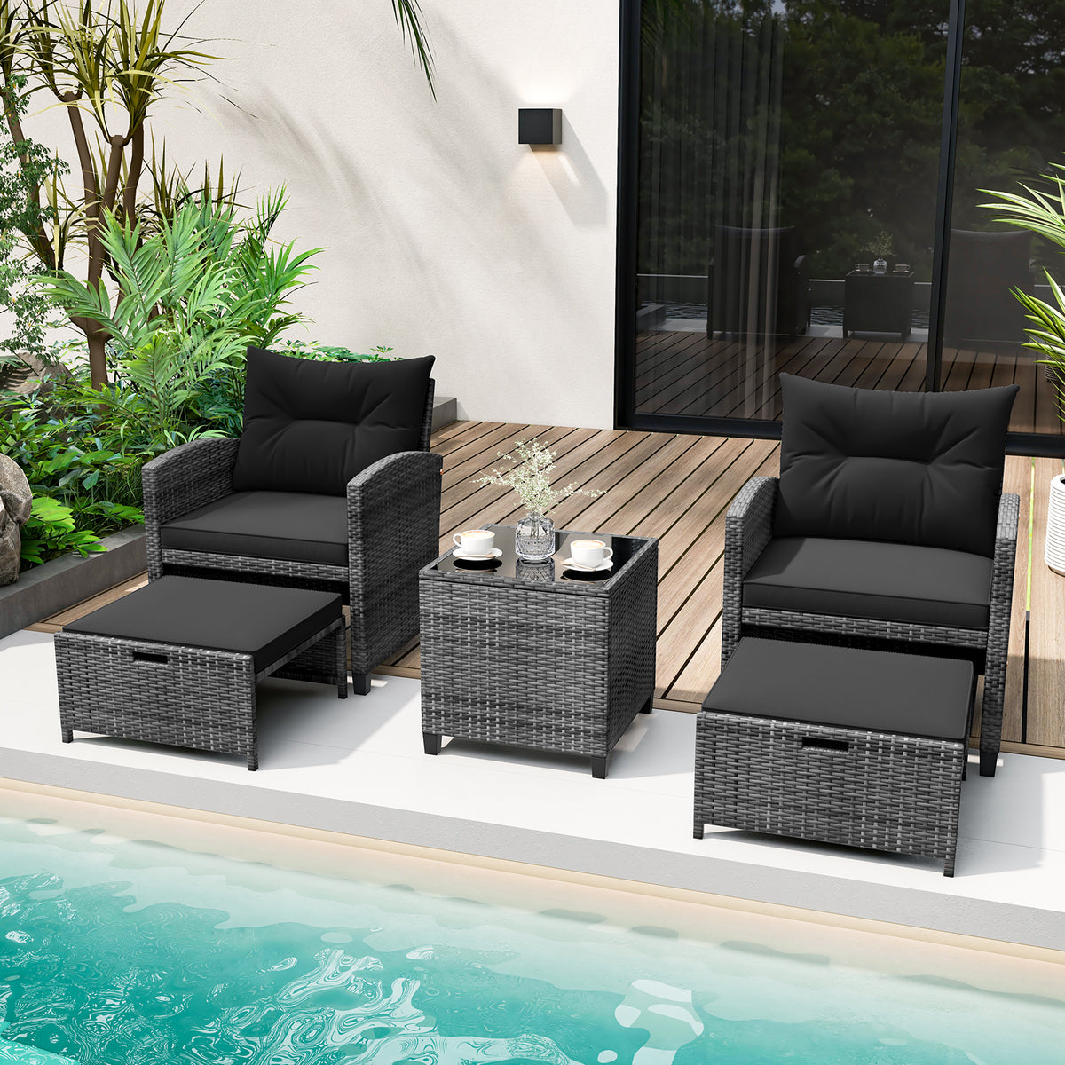 5 Piece Patio Rattan Furniture with 2 Ottomans and Tempered Glass Coffee Table-Black-Patio Conversation Sets-DECOROLALA