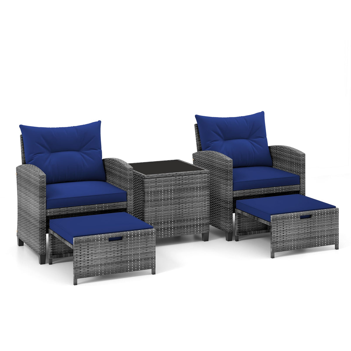 5 Piece Patio Rattan Furniture with 2 Ottomans and Tempered Glass Coffee Table-Navy-Patio Conversation Sets-DECOROLALA