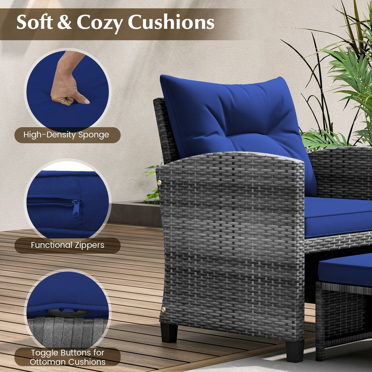 5 Piece Patio Rattan Furniture with 2 Ottomans and Tempered Glass Coffee Table-Navy-Patio Conversation Sets-DECOROLALA