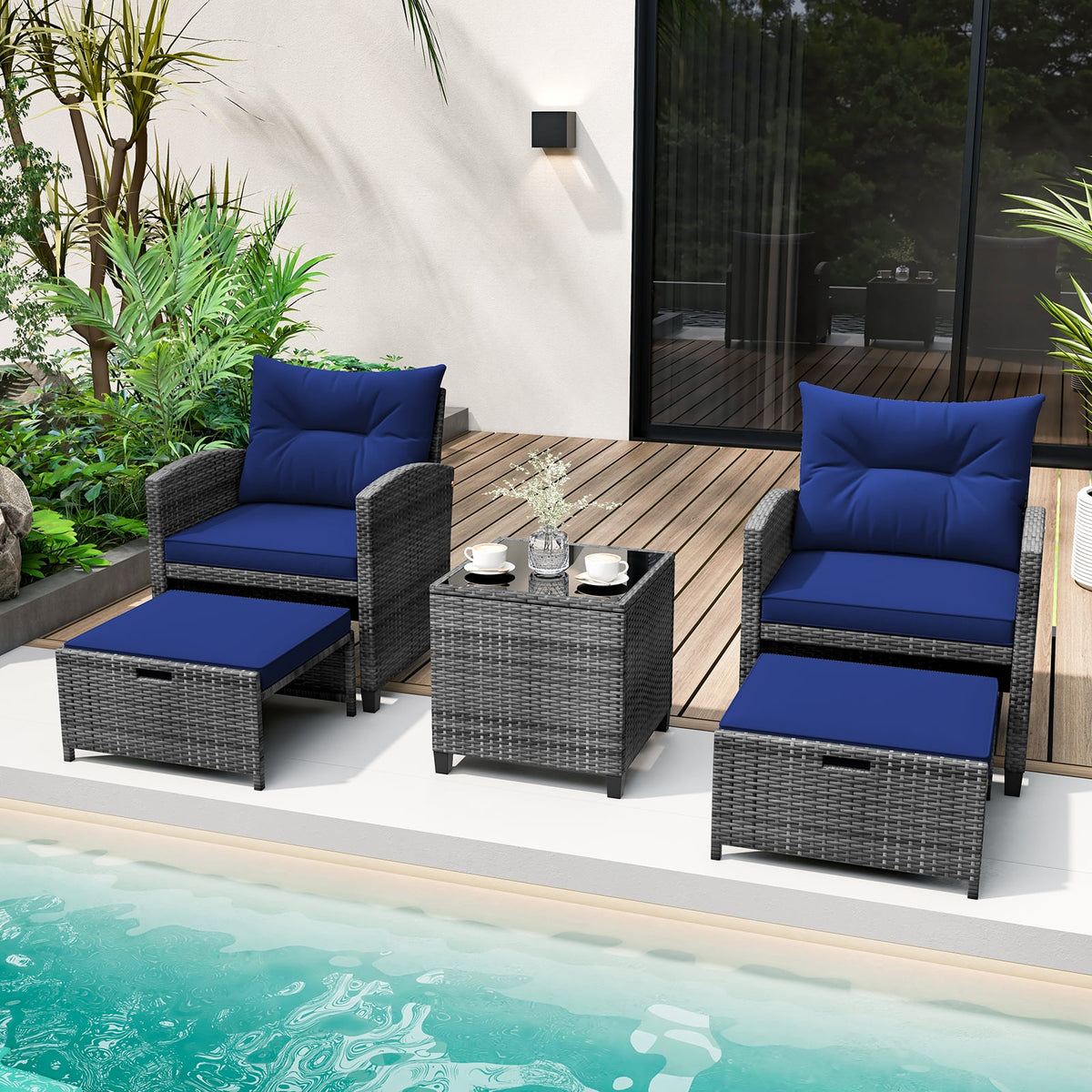 5 Piece Patio Rattan Furniture with 2 Ottomans and Tempered Glass Coffee Table-Navy-Patio Conversation Sets-DECOROLALA