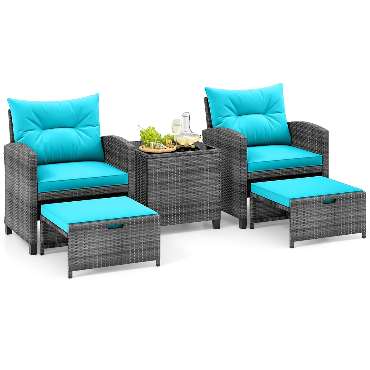 5 Piece Patio Rattan Furniture with 2 Ottomans and Tempered Glass Coffee Table-Turquoise-Patio Conversation Sets-DECOROLALA