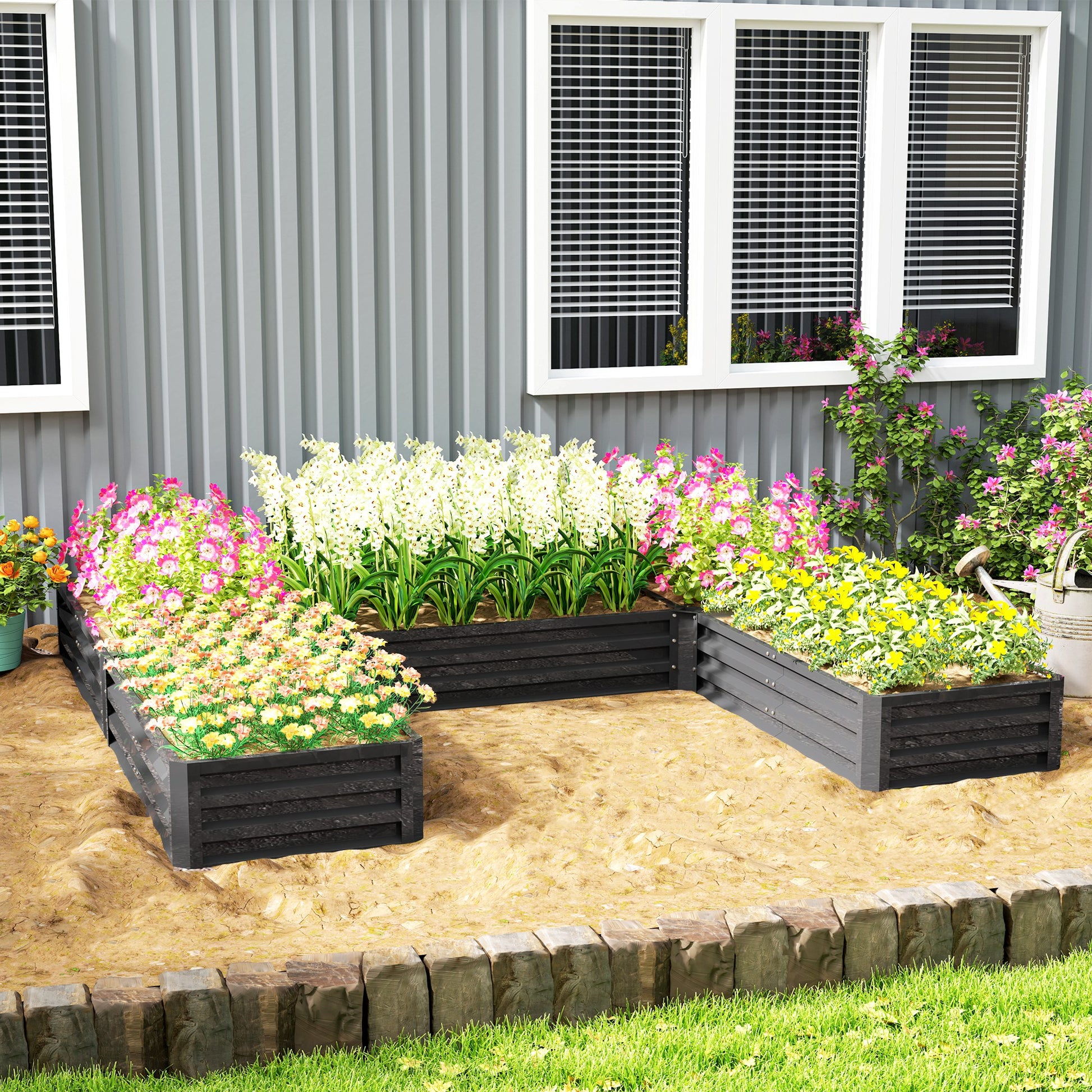 5-Piece Steel Raised Garden Bed Set - 8'x8'x1' Dark Grey-DECOROLALA