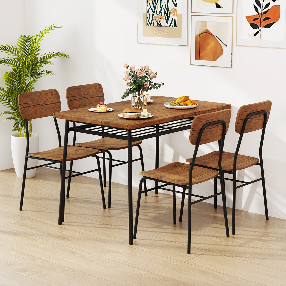 5-Piece Table Set for 4 with Metal Frame and Storage Rack-Brown-Dining Room Sets-DECOROLALA
