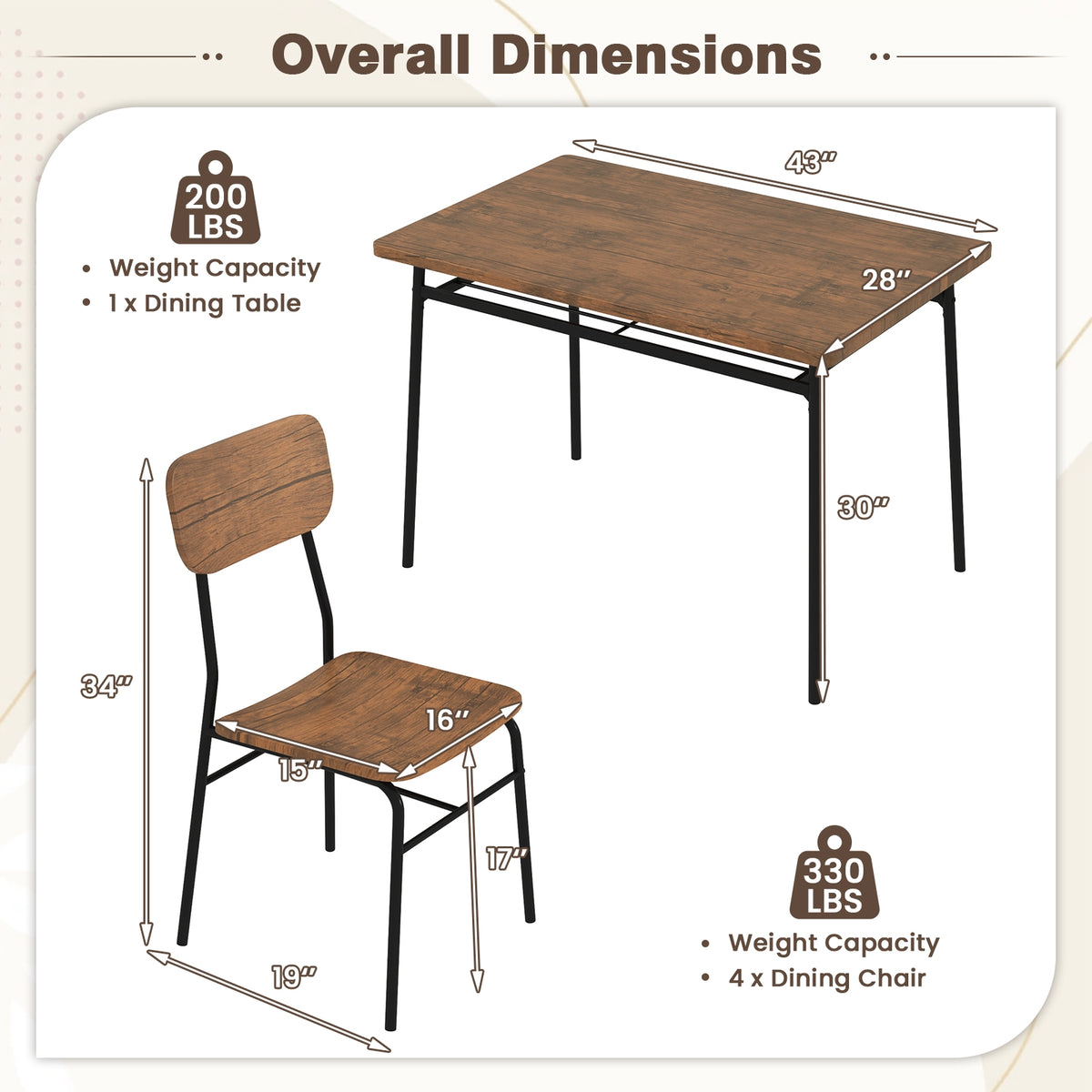 5-Piece Table Set for 4 with Metal Frame and Storage Rack-Brown-Dining Room Sets-DECOROLALA