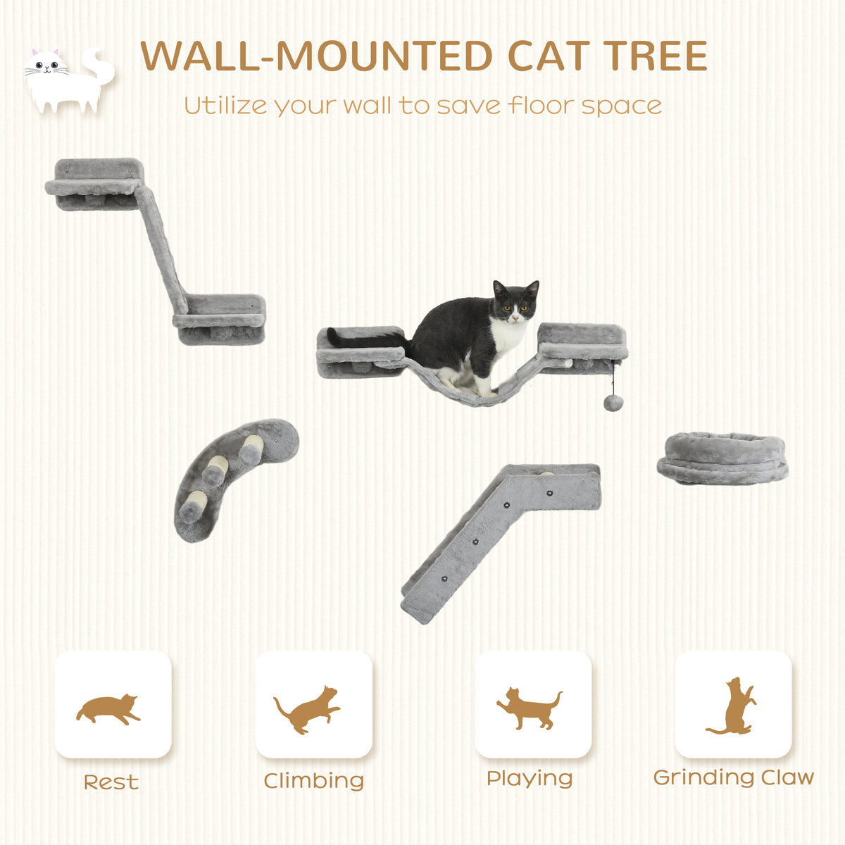 5-Piece Wall Mounted Cat Shelves Set with Bed and Ladder - Grey-Cats-DECOROLALA