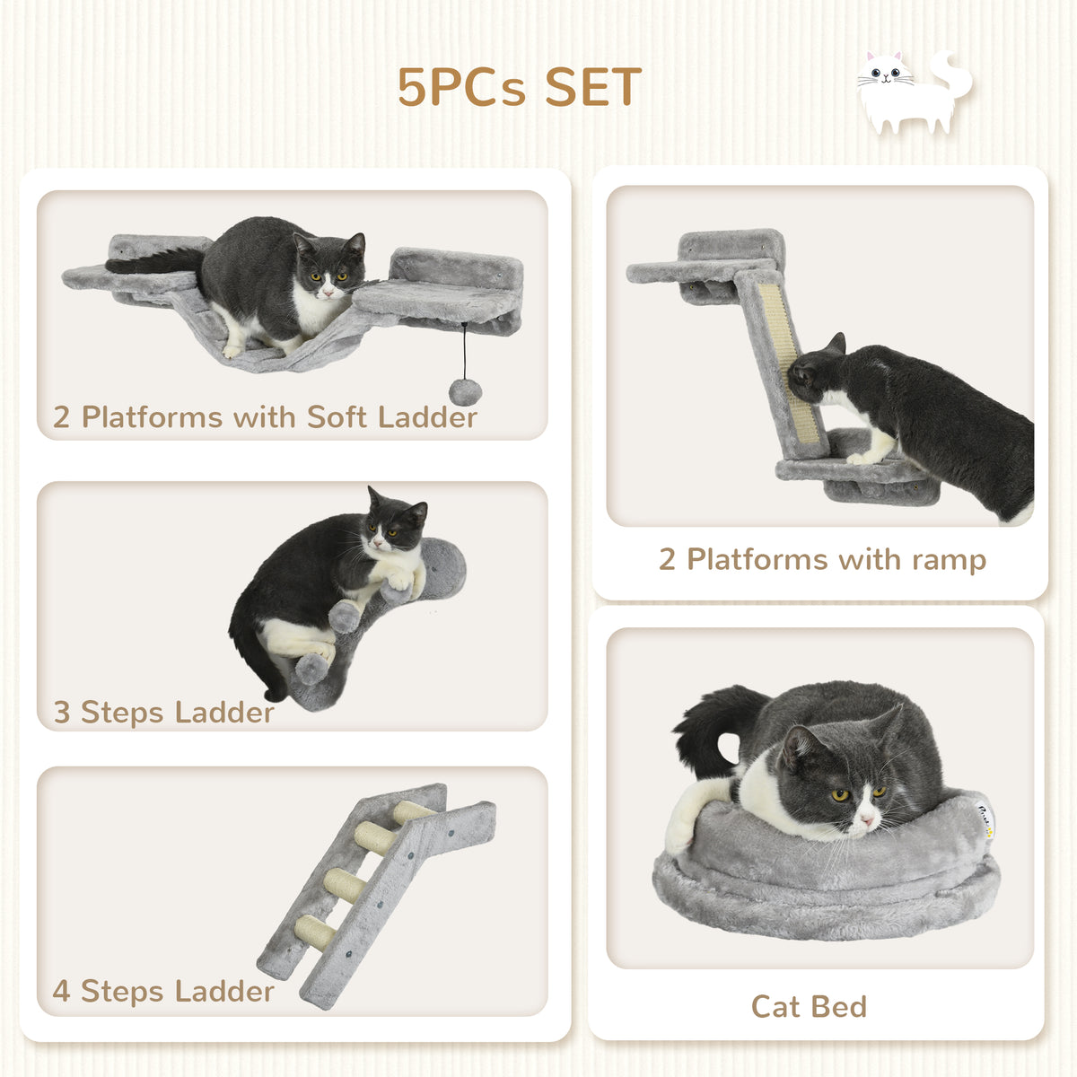 5-Piece Wall Mounted Cat Shelves Set with Bed and Ladder - Grey-Cats-DECOROLALA