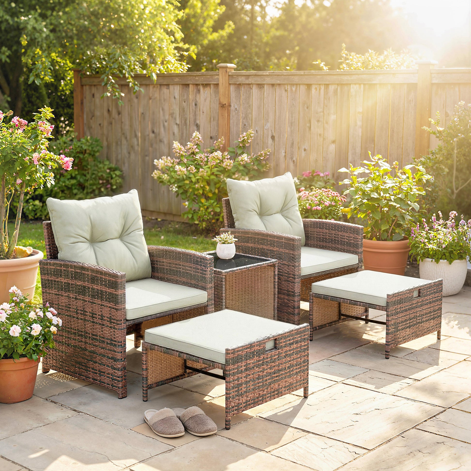 5-Piece Wicker Patio Furniture Set - Brown/Cream-DECOROLALA