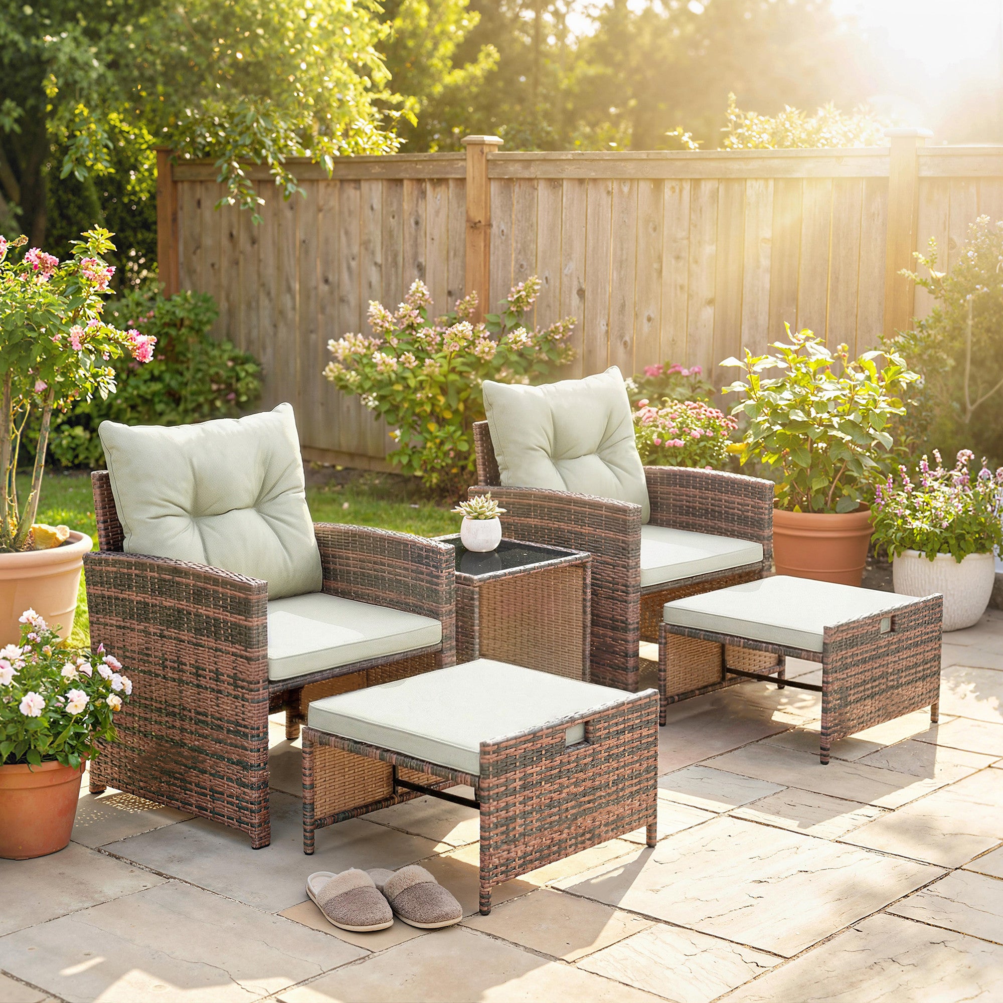 5-Piece Wicker Patio Furniture Set - Brown/Cream-DECOROLALA