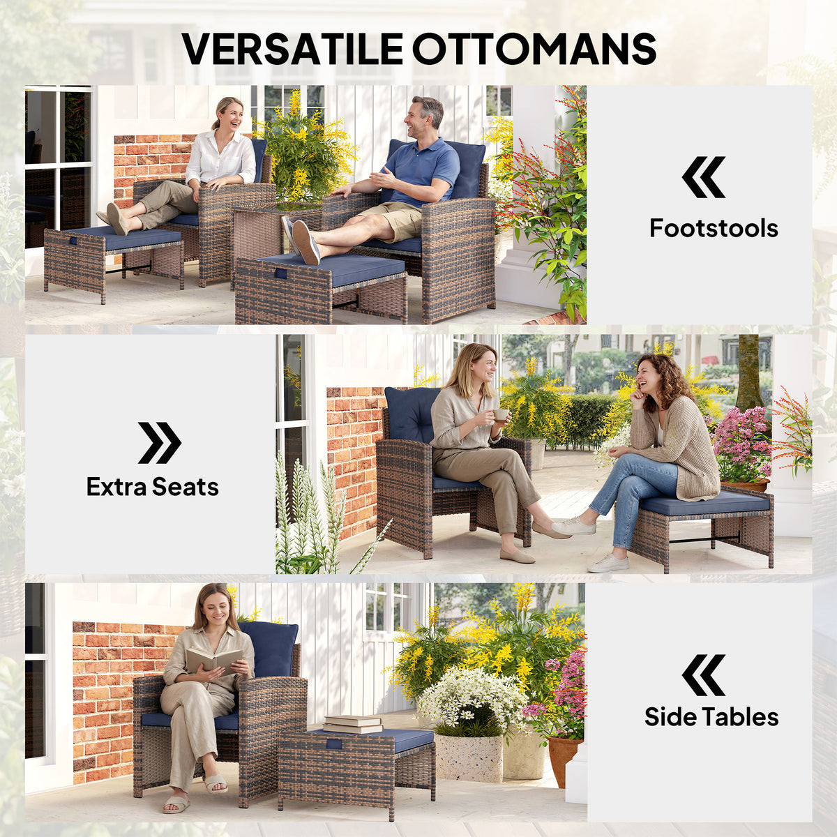 5-Piece Wicker Patio Furniture Set - Brown/Dark Blue-Patio Furniture Sets-DECOROLALA