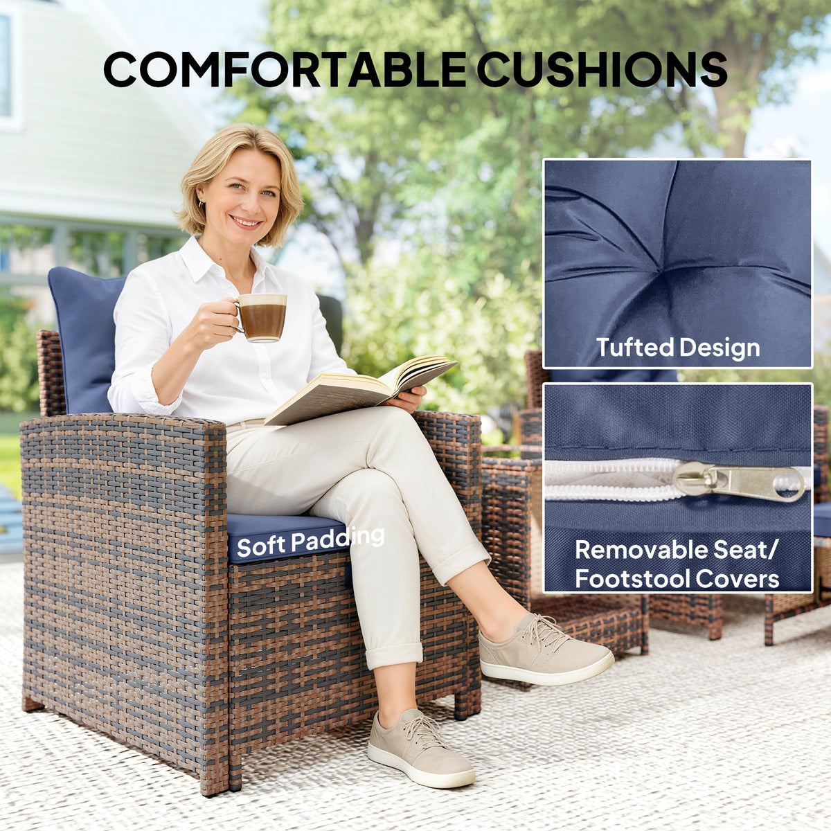 5-Piece Wicker Patio Furniture Set - Brown/Dark Blue-Patio Furniture Sets-DECOROLALA