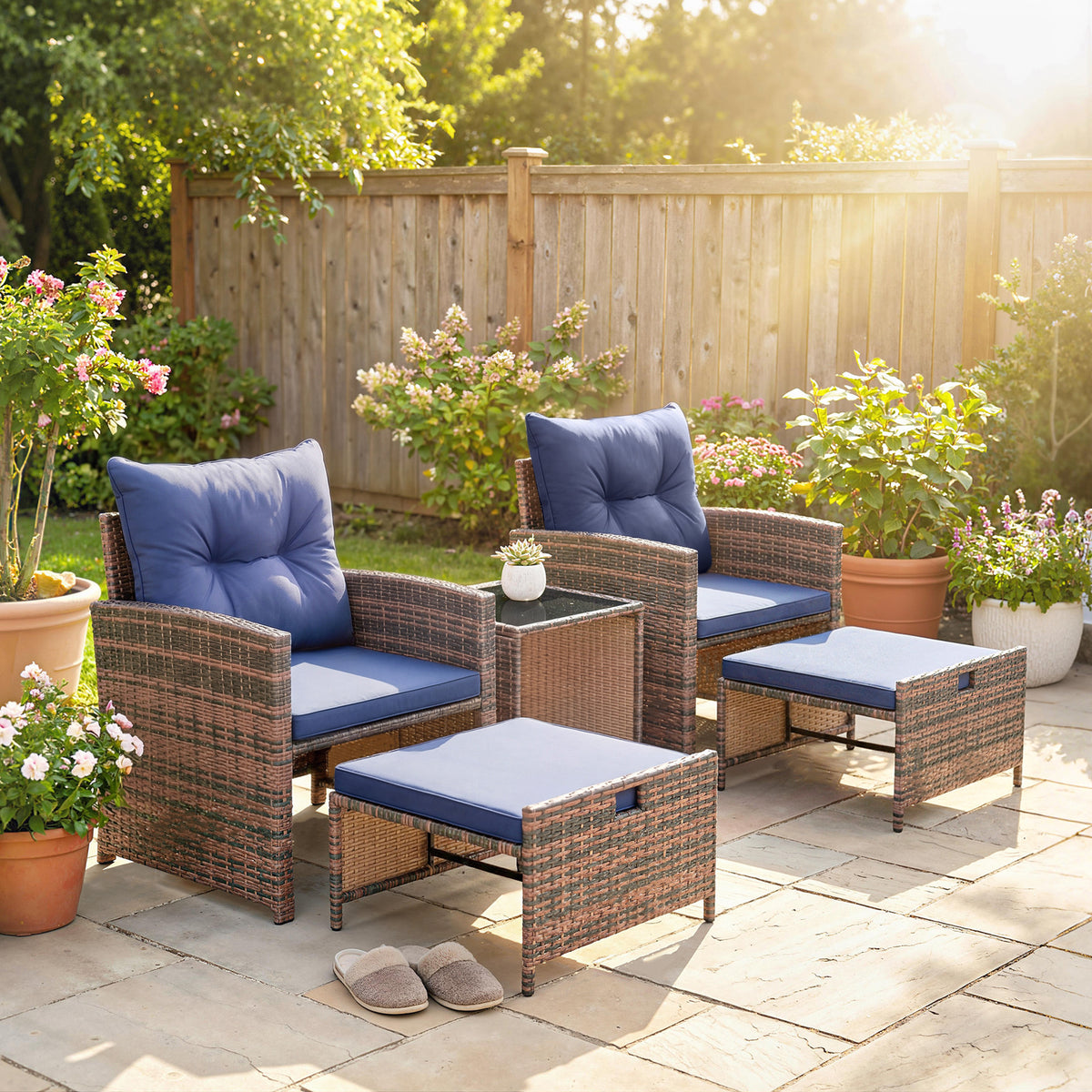 5-Piece Wicker Patio Furniture Set - Brown/Dark Blue-Patio Furniture Sets-DECOROLALA