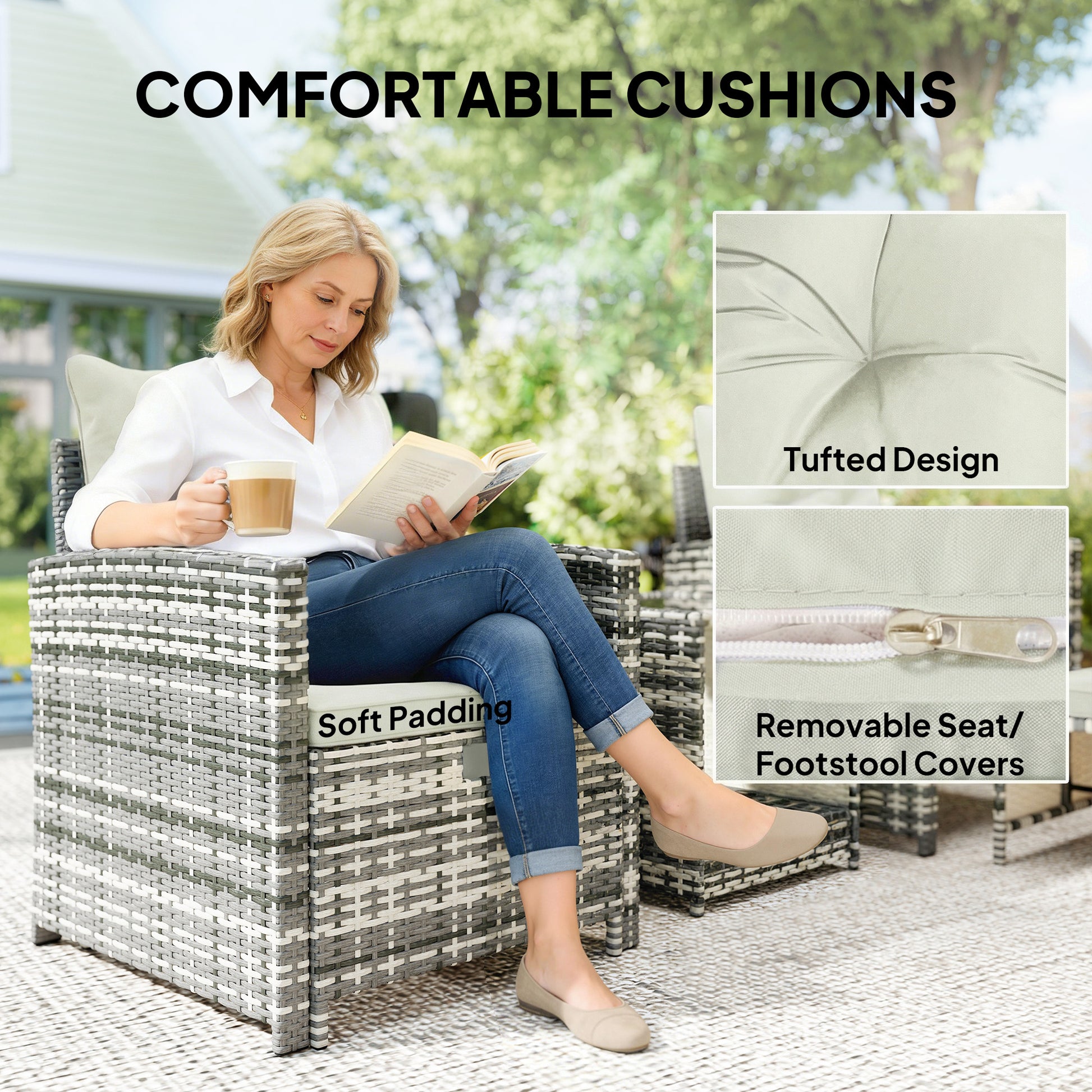 5-Piece Wicker Patio Furniture Set - Grey/Cream White-DECOROLALA