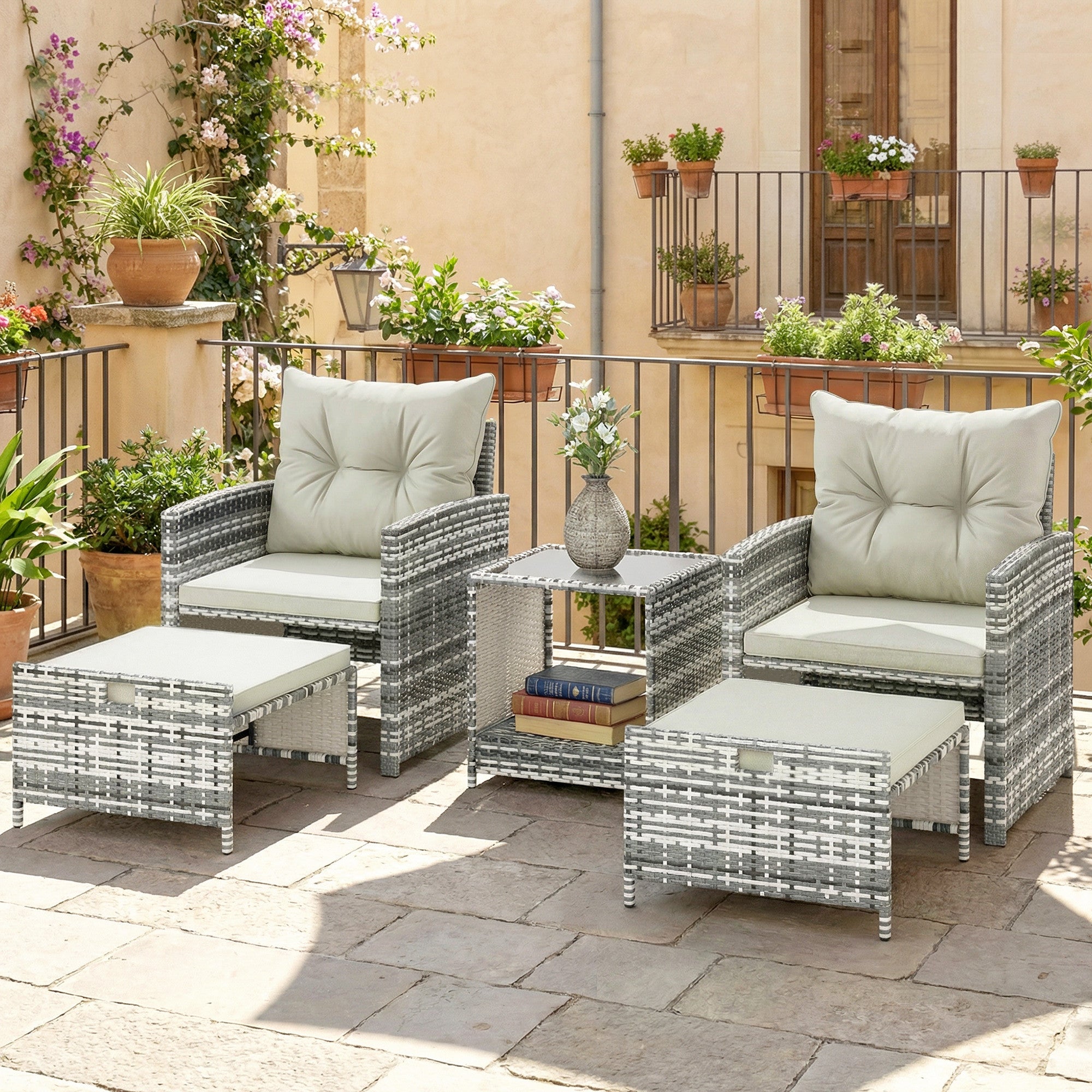 5-Piece Wicker Patio Furniture Set - Grey/Cream White-DECOROLALA